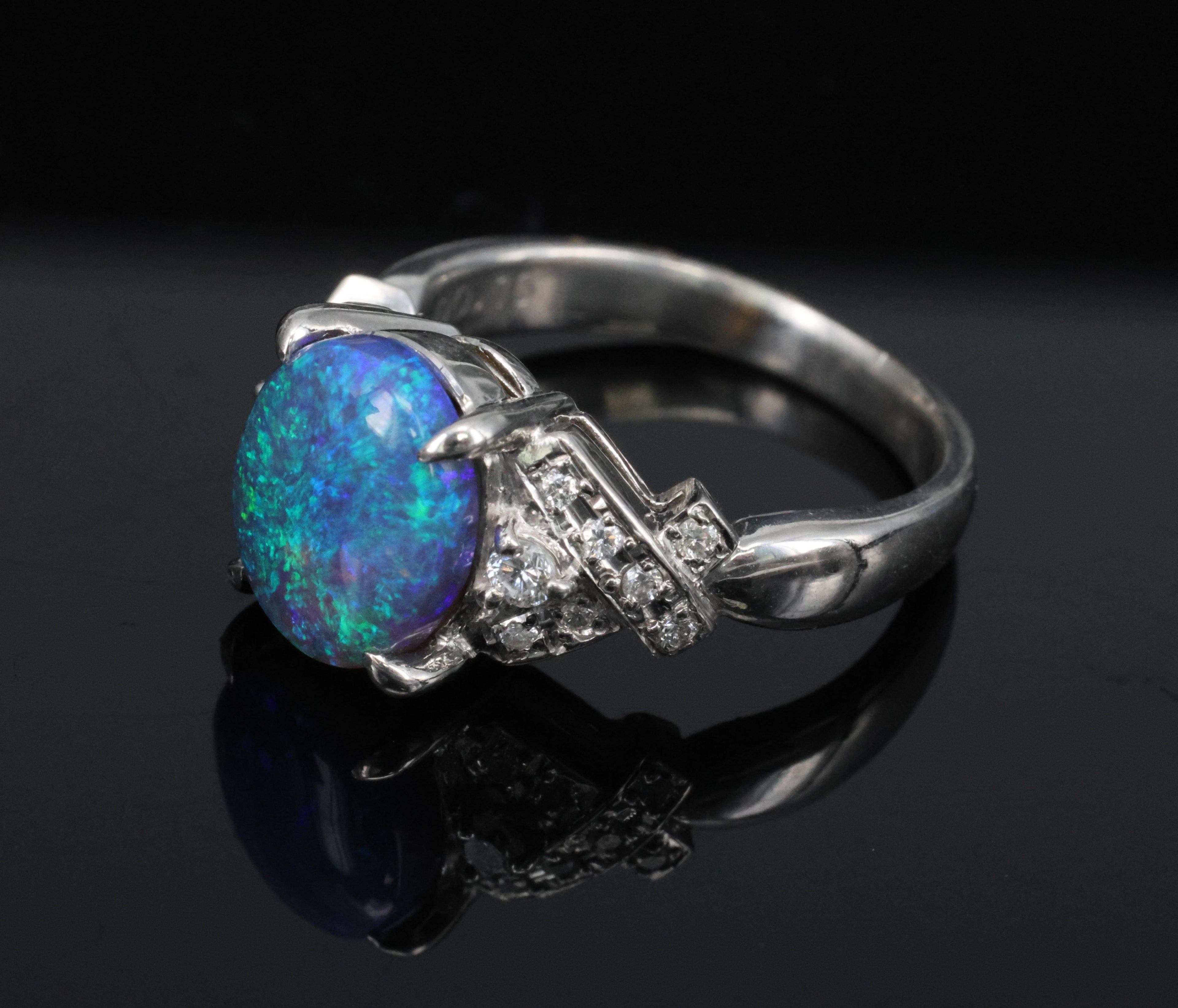 Fine 2.02ct Natural Untreated Black Opal & 0.16ct Diamond Platinum Ring Size 5.5