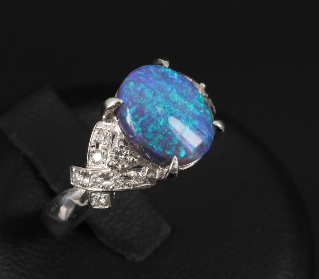 Fine 2.02ct Natural Untreated Black Opal & 0.16ct Diamond Platinum Ring Size 5.5