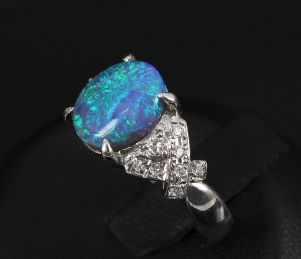 Fine 2.02ct Natural Untreated Black Opal & 0.16ct Diamond Platinum Ring Size 5.5