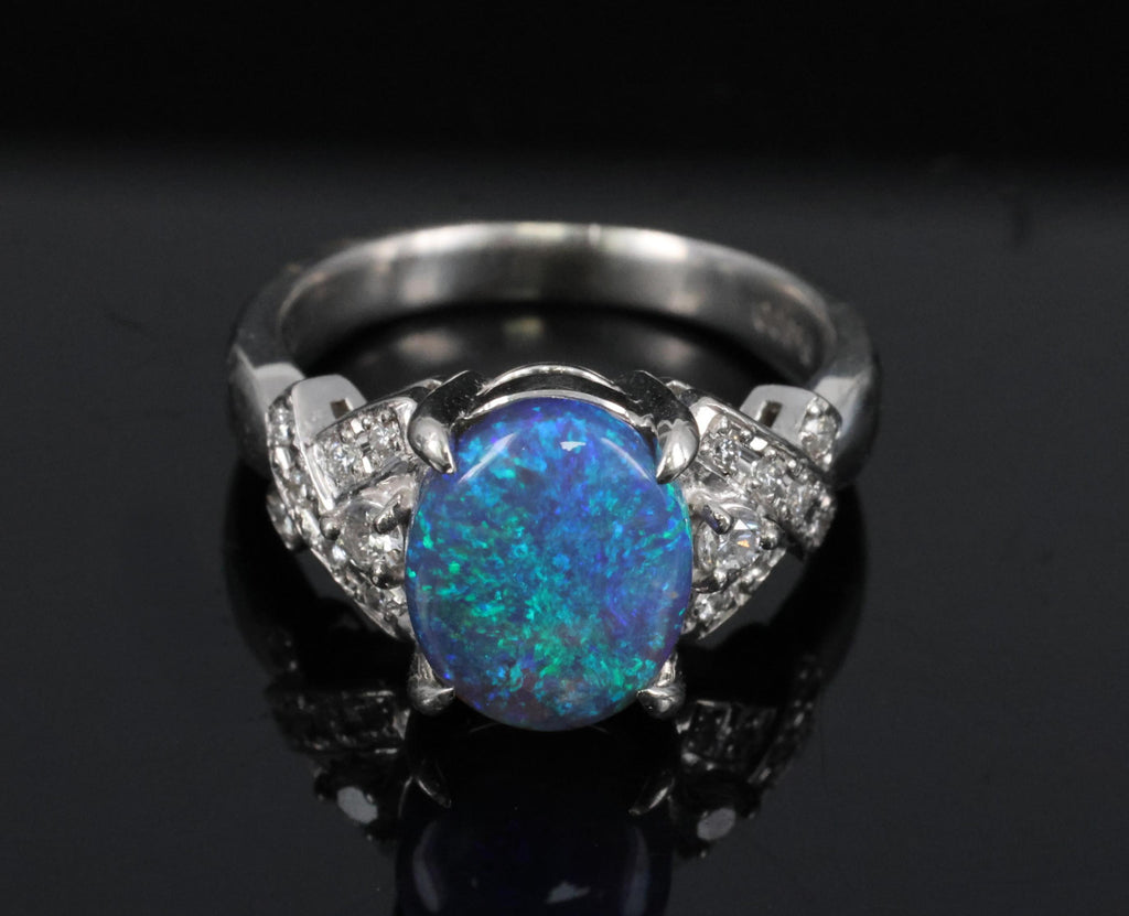 Fine 2.02ct Natural Untreated Black Opal & 0.16ct Diamond Platinum Ring Size 5.5