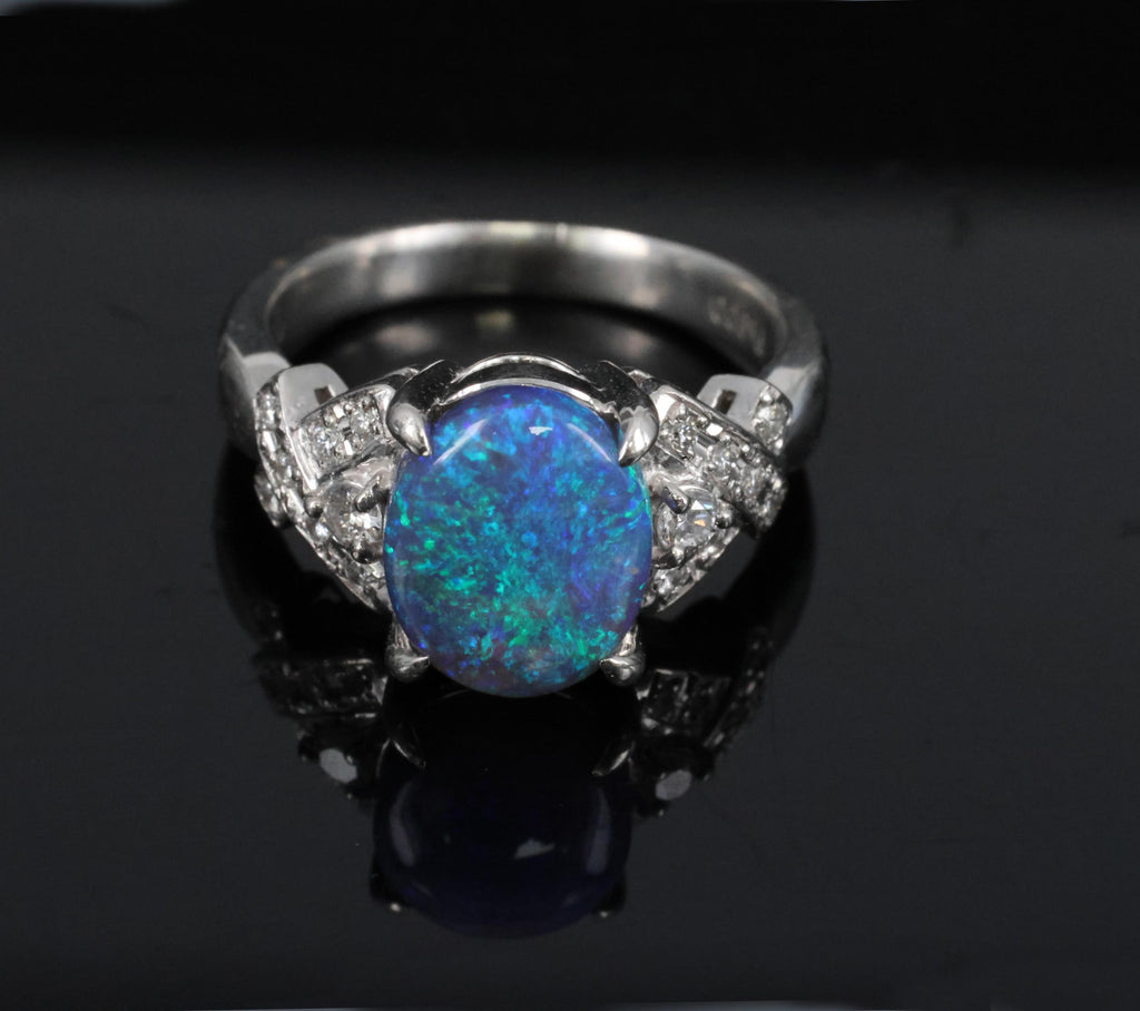 Fine 2.02ct Natural Untreated Black Opal & 0.16ct Diamond Platinum Ring Size 5.5