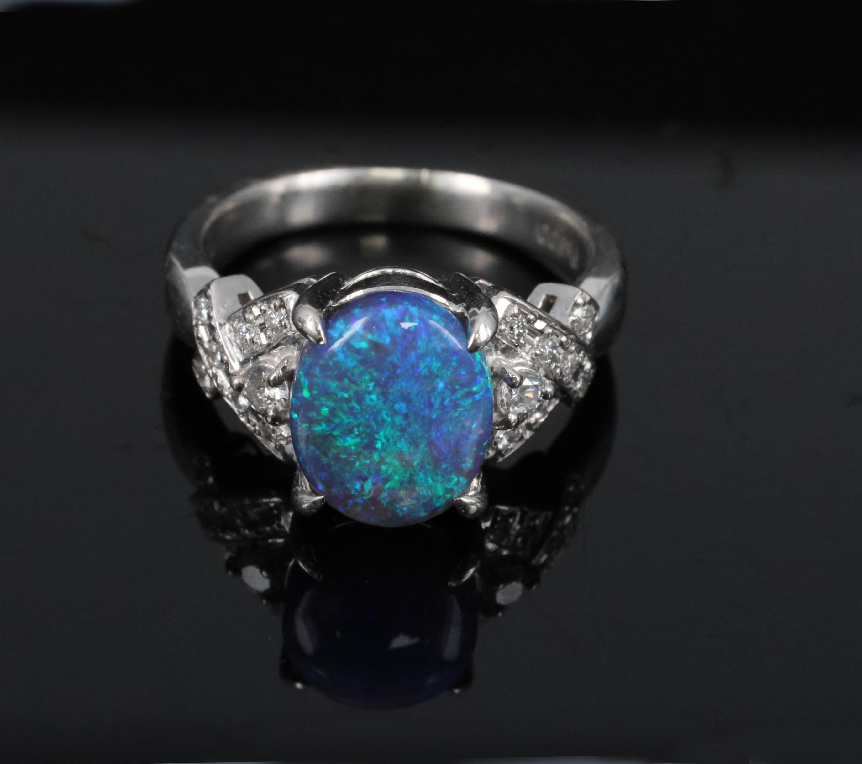 Fine 2.02ct Natural Untreated Black Opal & 0.16ct Diamond Platinum Ring Size 5.5