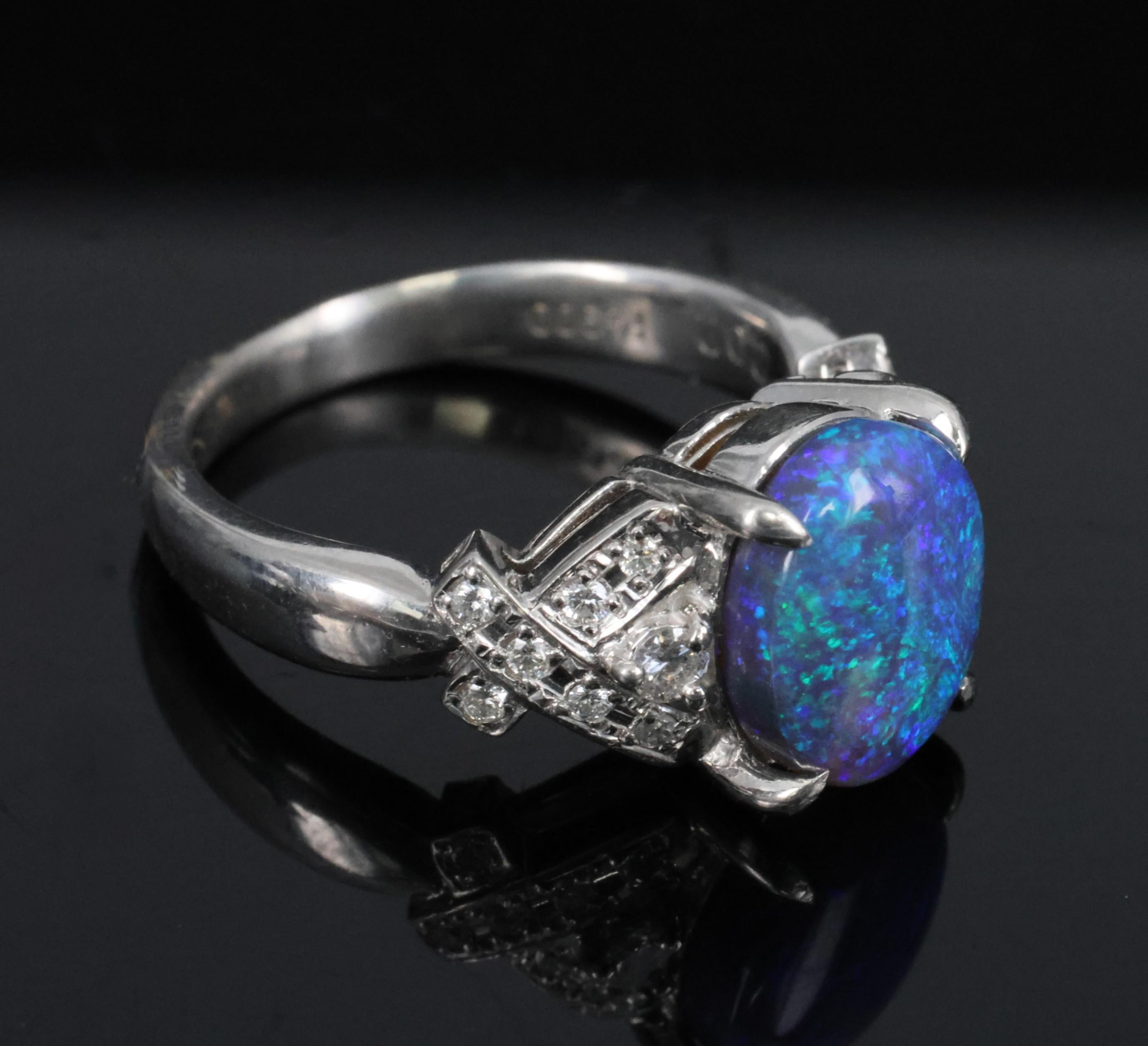 Fine 2.02ct Natural Untreated Black Opal & 0.16ct Diamond Platinum Ring Size 5.5