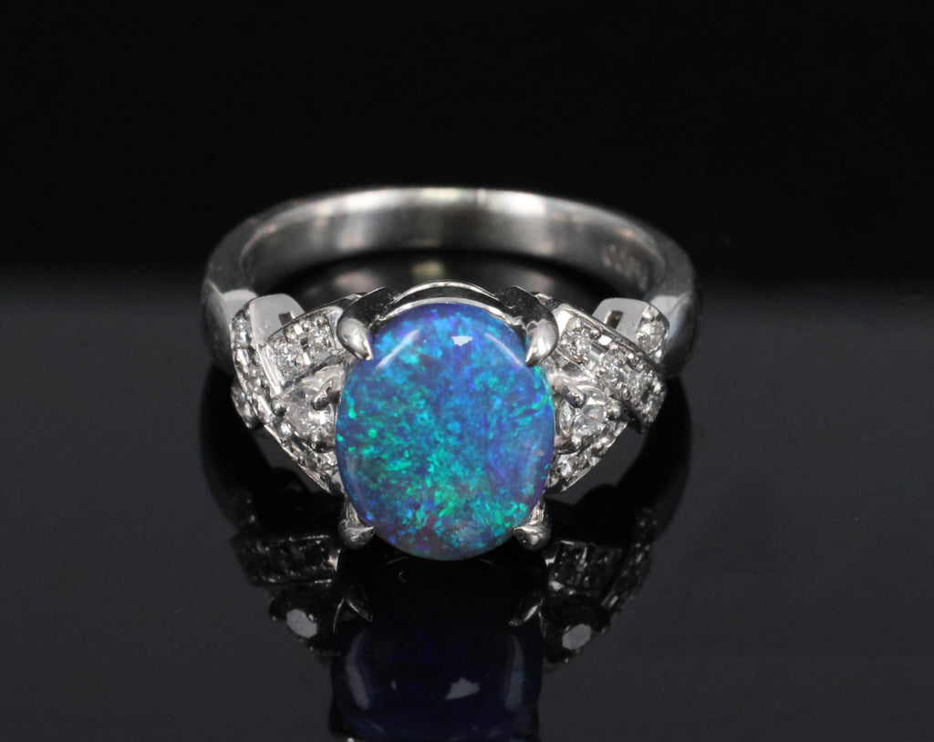 Fine 2.02ct Natural Untreated Black Opal & 0.16ct Diamond Platinum Ring Size 5.5