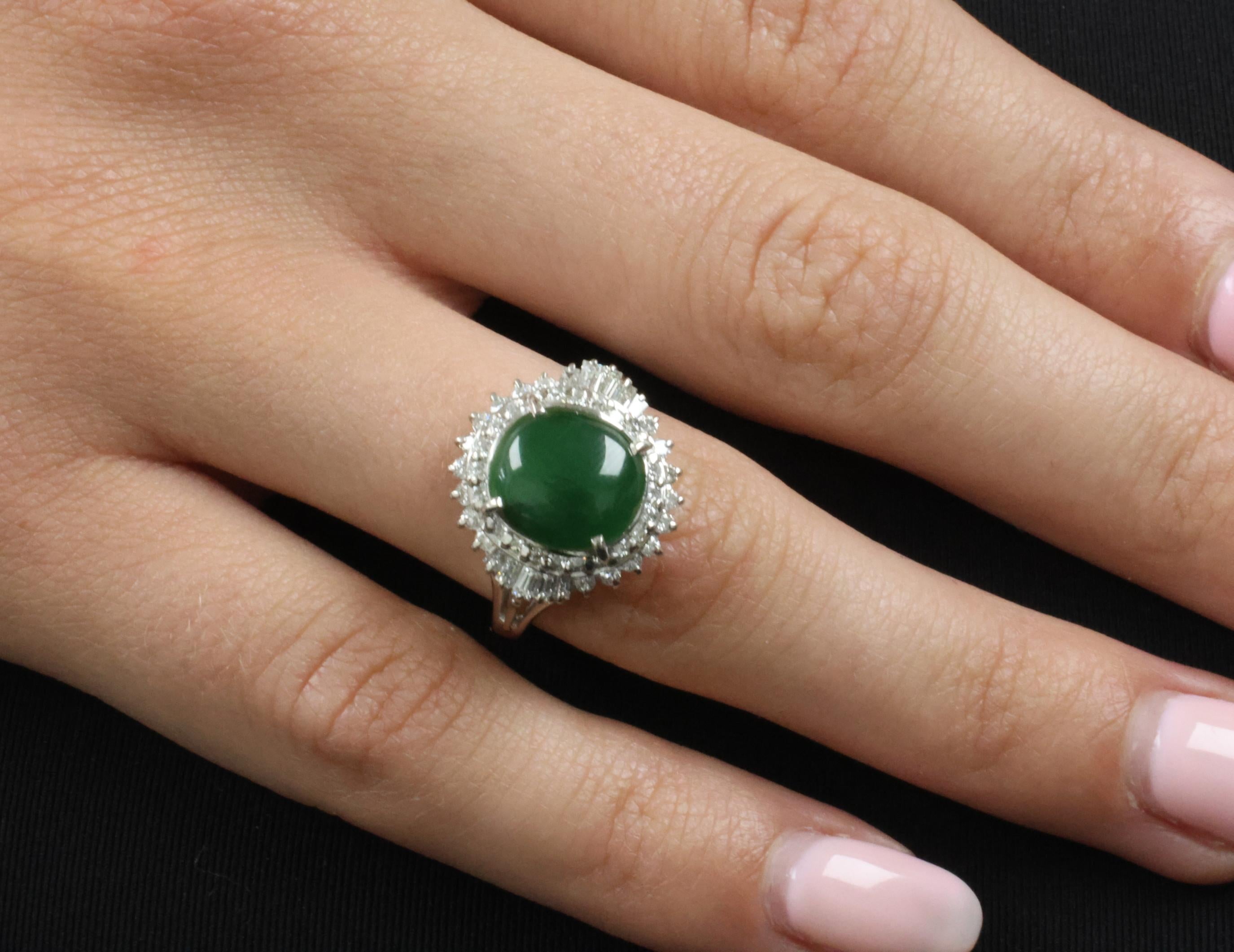 3.11ct Natural Untreated Jadeite Jade & 0.69ct Diamond Platinum Ring, Size 7.75