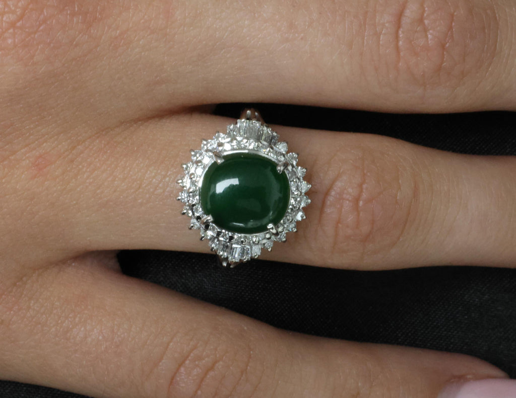 3.11ct Natural Untreated Jadeite Jade & 0.69ct Diamond Platinum Ring, Size 7.75