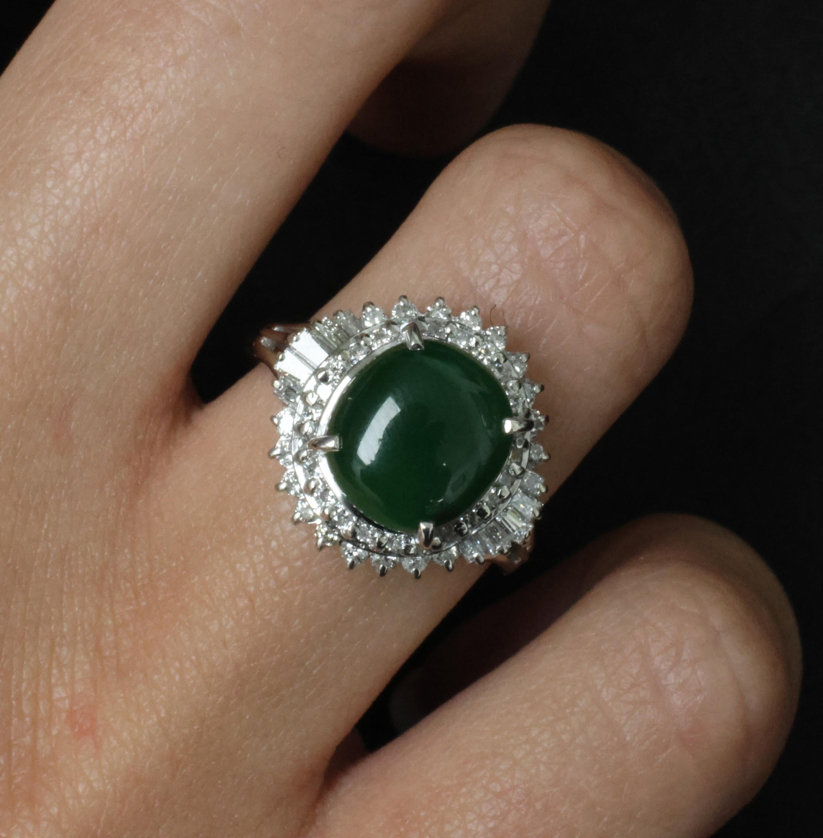3.11ct Natural Untreated Jadeite Jade & 0.69ct Diamond Platinum Ring, Size 7.75