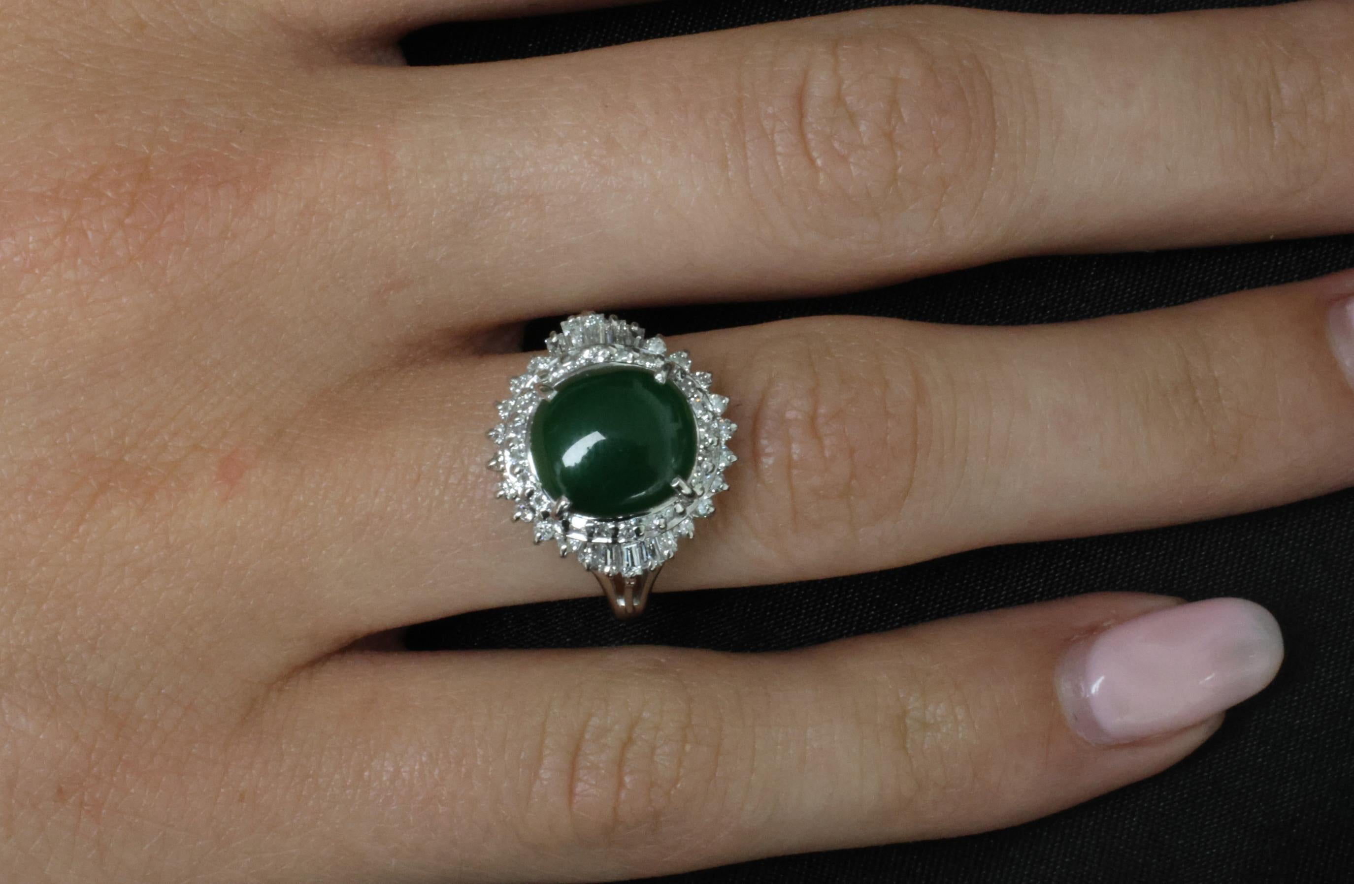 3.11ct Natural Untreated Jadeite Jade & 0.69ct Diamond Platinum Ring, Size 7.75