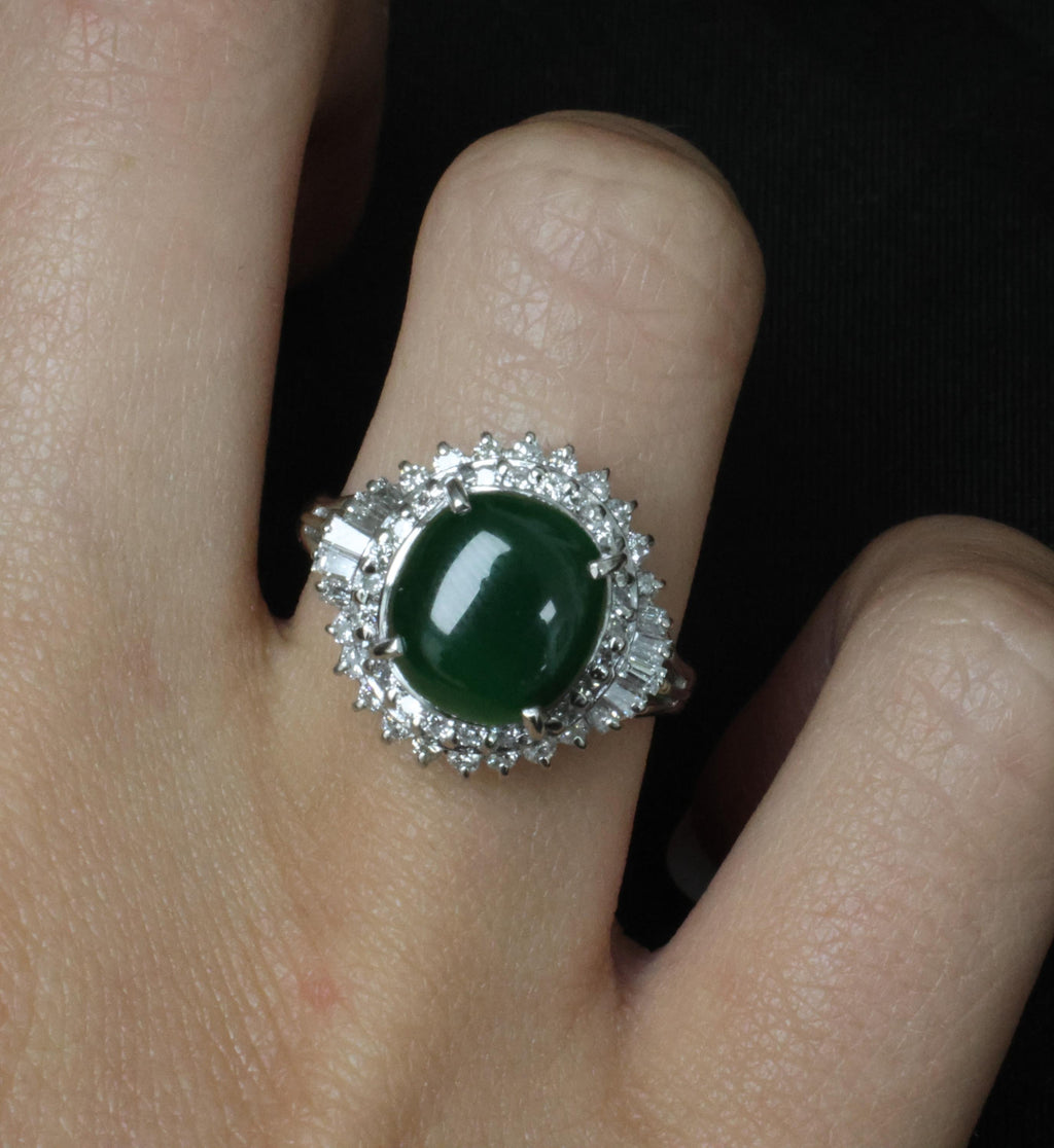 3.11ct Natural Untreated Jadeite Jade & 0.69ct Diamond Platinum Ring, Size 7.75