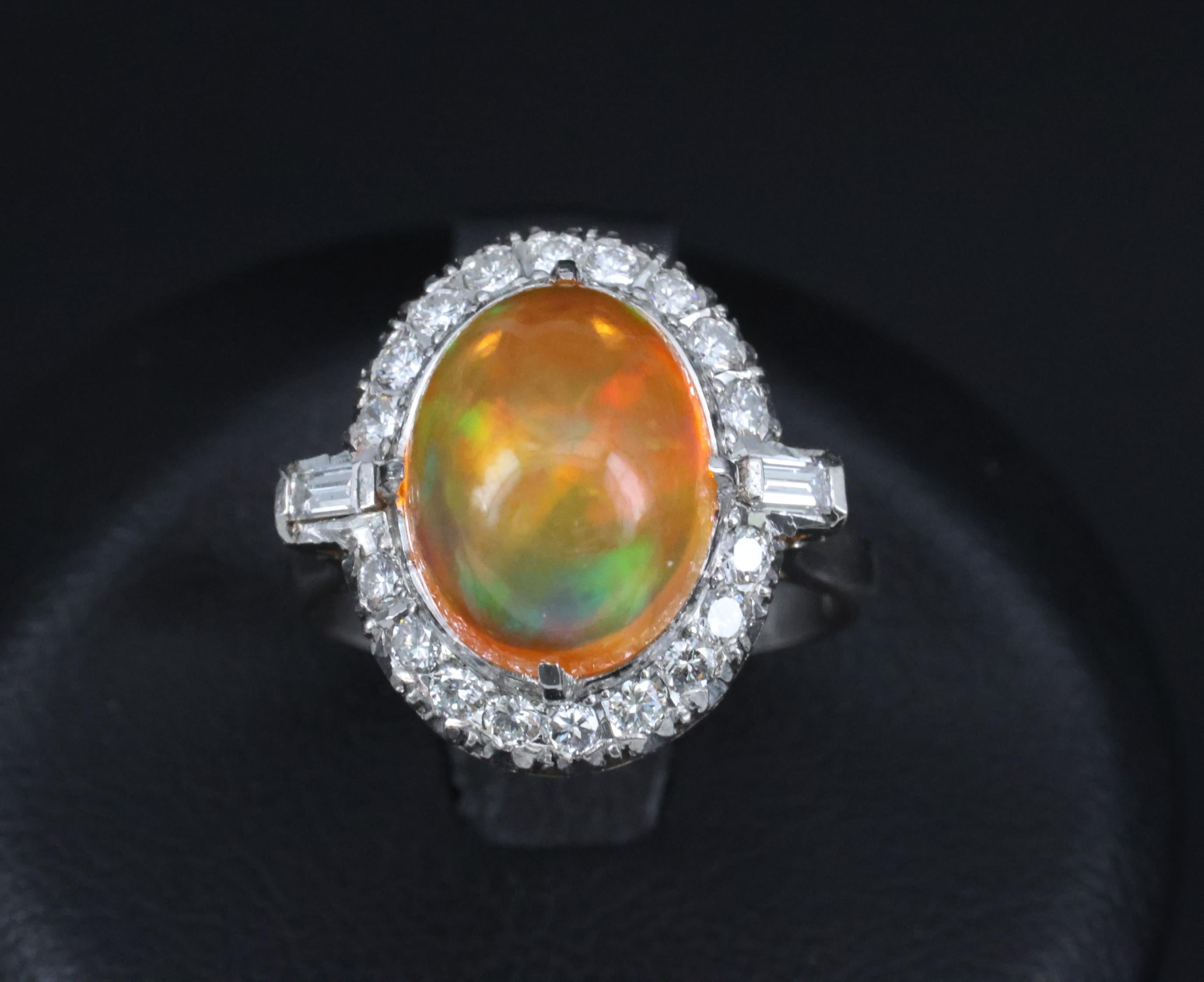 3.64 Natural Untreated Mexican Fire Opal & 0.60 Diamond Platinum Ring, Size 4.5