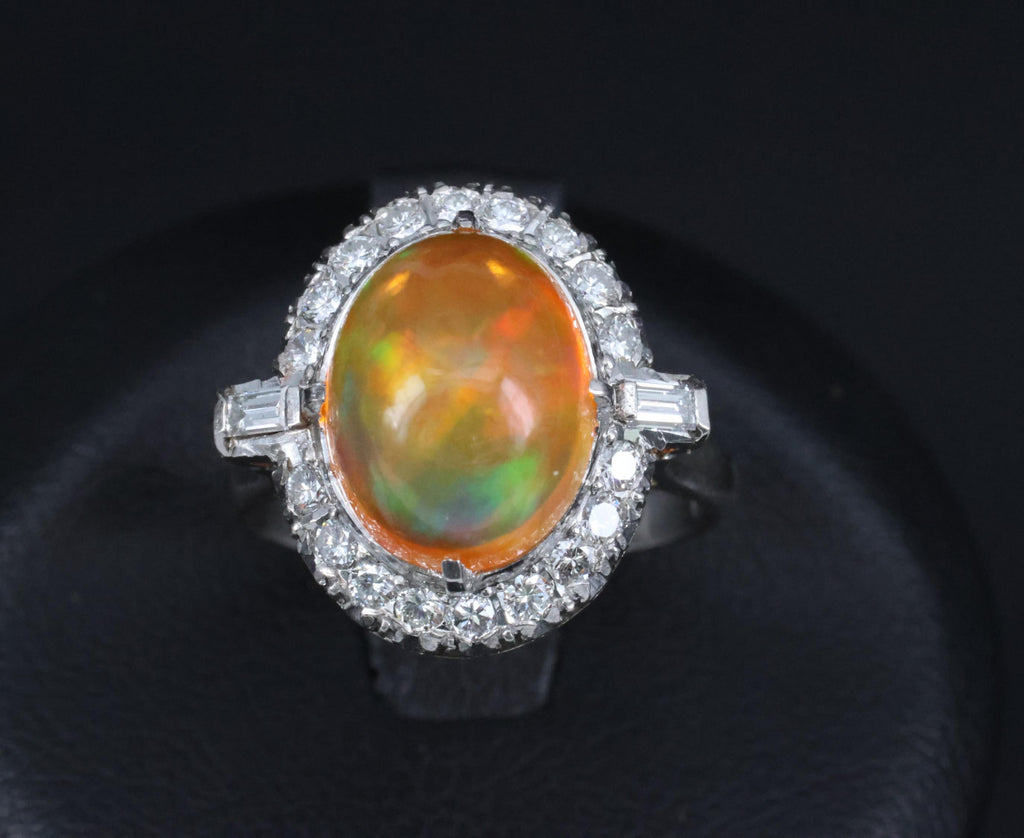 3.64 Natural Untreated Mexican Fire Opal & 0.60 Diamond Platinum Ring, Size 4.5
