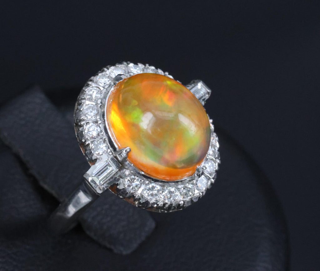 3.64 Natural Untreated Mexican Fire Opal & 0.60 Diamond Platinum Ring, Size 4.5