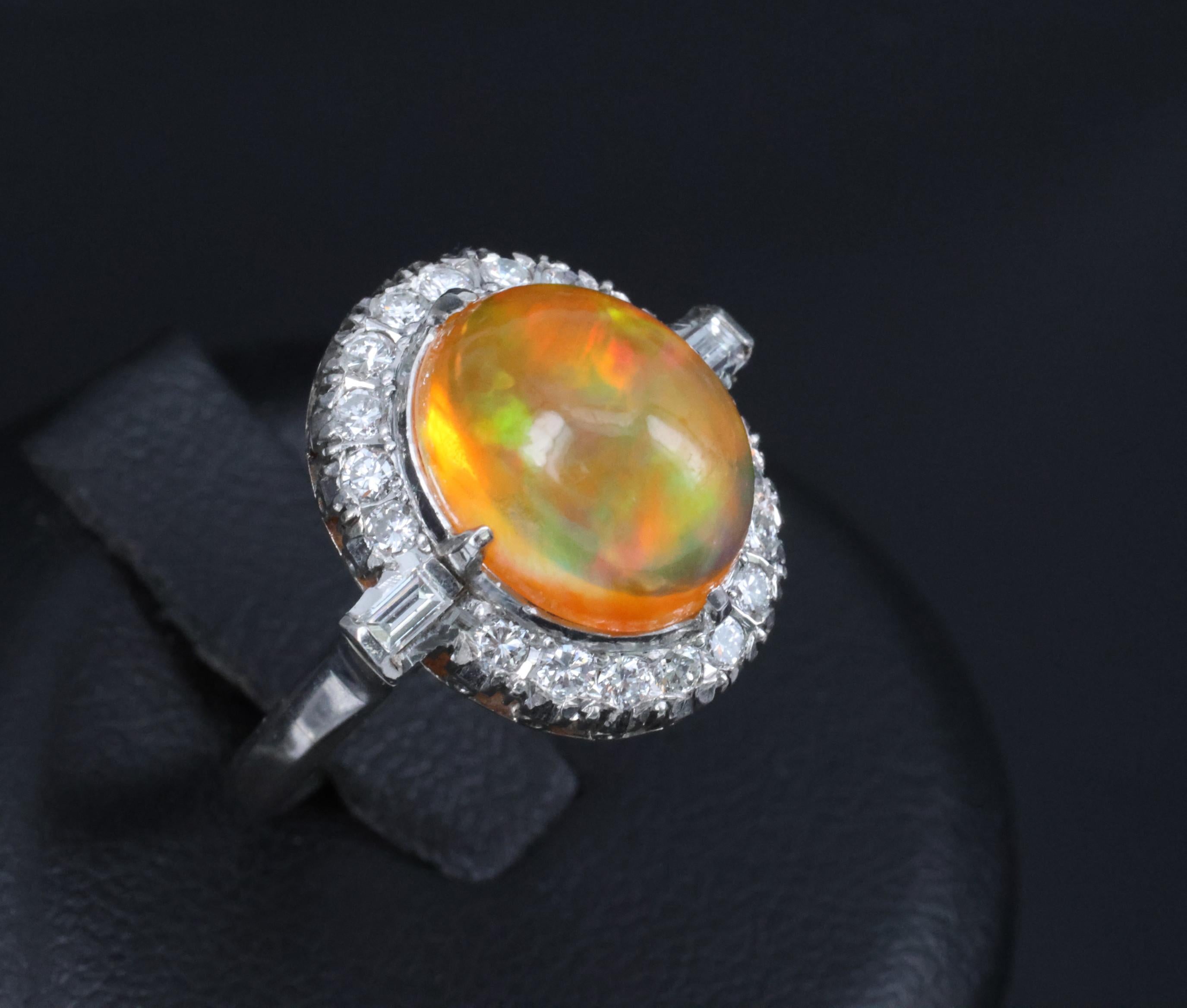 3.64 Natural Untreated Mexican Fire Opal & 0.60 Diamond Platinum Ring, Size 4.5