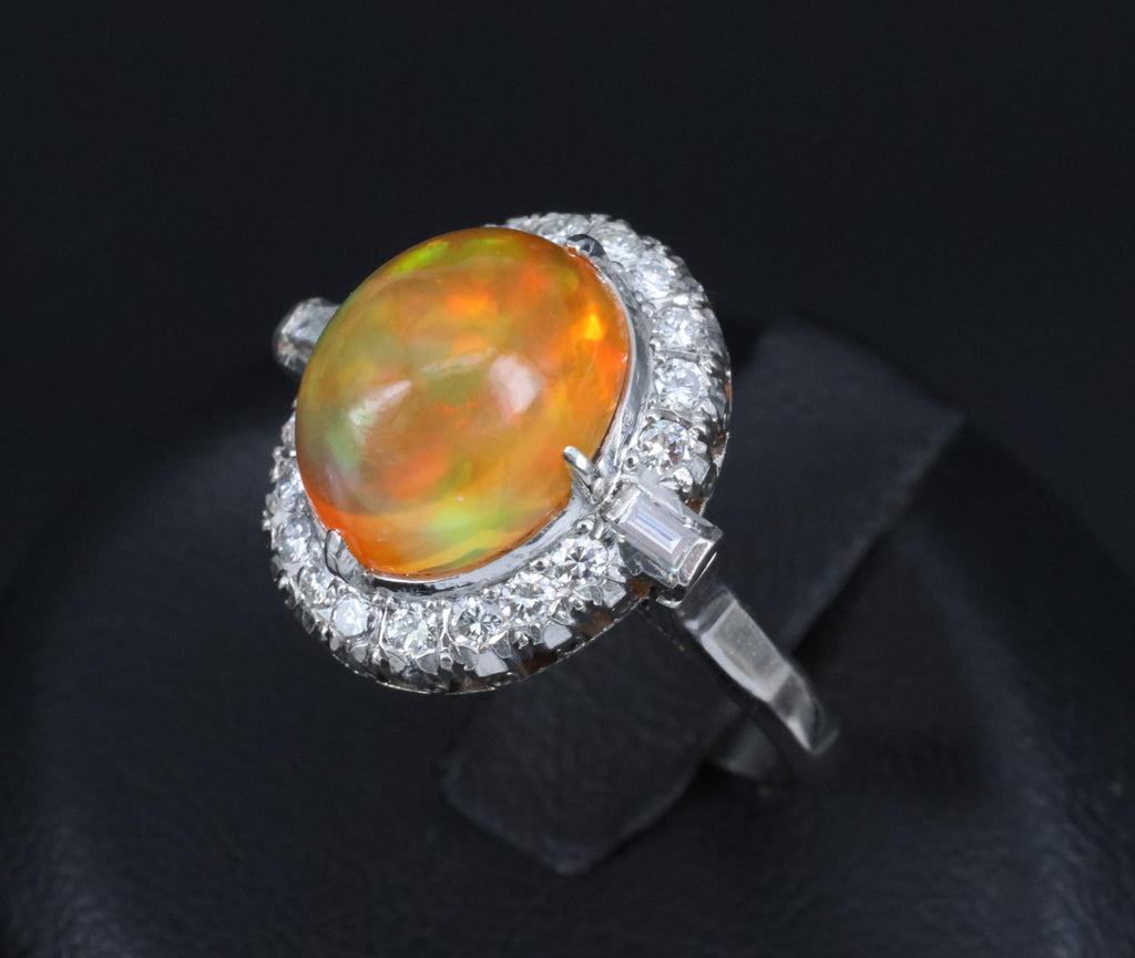 3.64 Natural Untreated Mexican Fire Opal & 0.60 Diamond Platinum Ring, Size 4.5