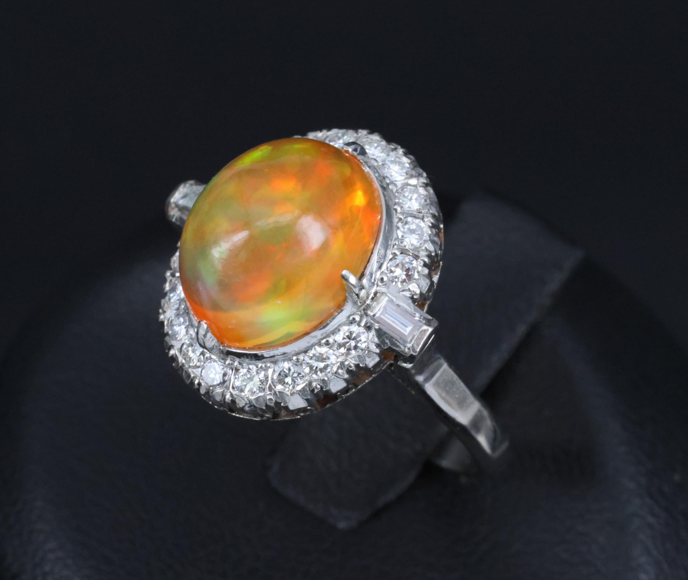 3.64 Natural Untreated Mexican Fire Opal & 0.60 Diamond Platinum Ring, Size 4.5