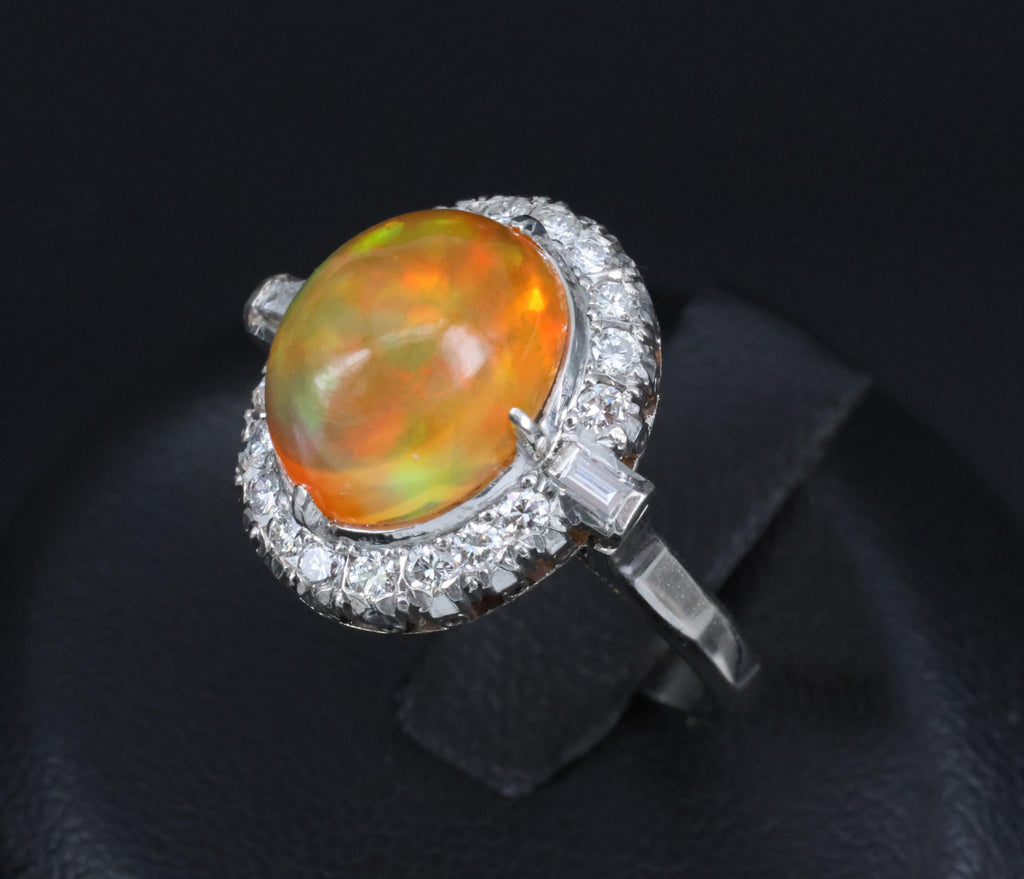 3.64 Natural Untreated Mexican Fire Opal & 0.60 Diamond Platinum Ring, Size 4.5