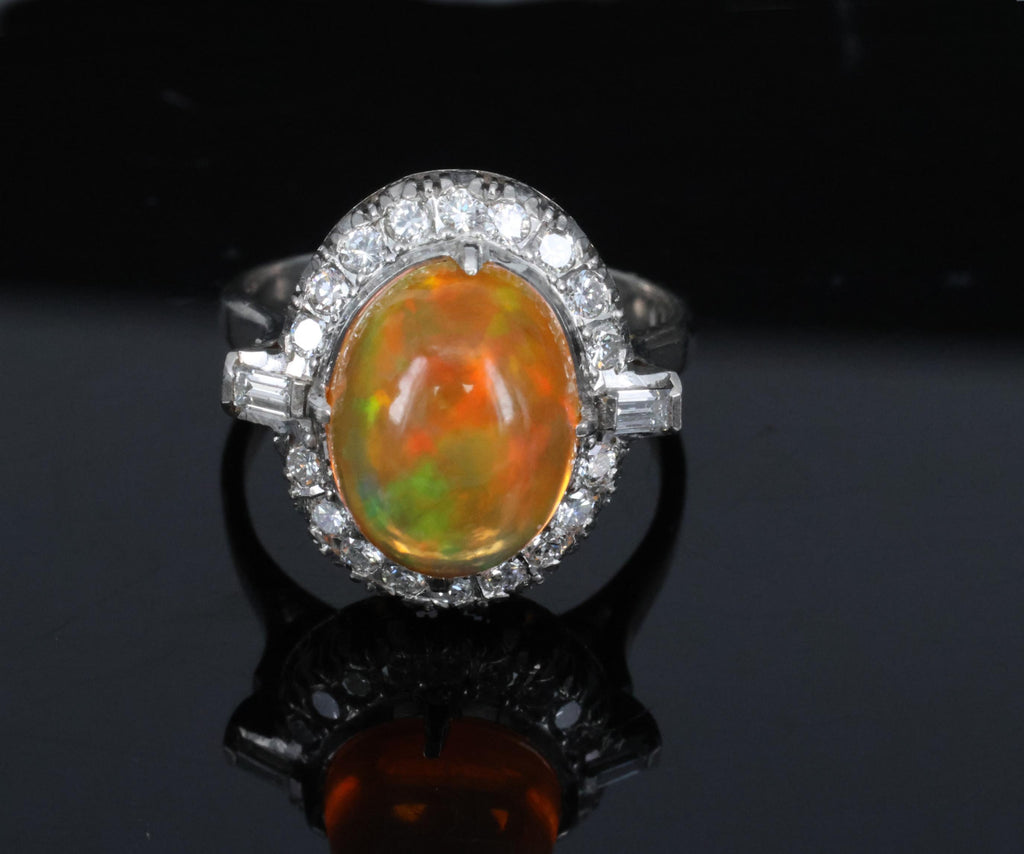 3.64 Natural Untreated Mexican Fire Opal & 0.60 Diamond Platinum Ring, Size 4.5