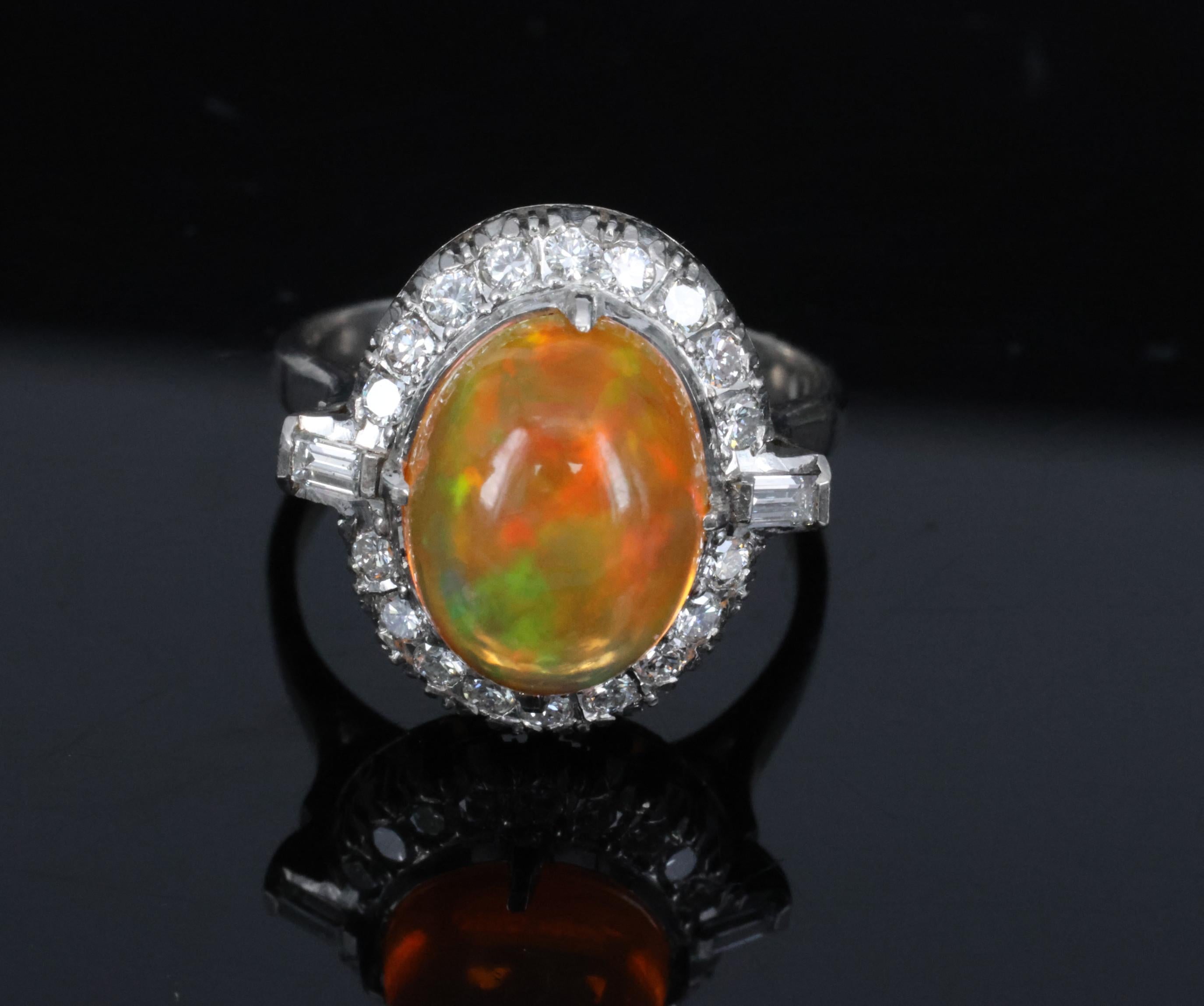 3.64 Natural Untreated Mexican Fire Opal & 0.60 Diamond Platinum Ring, Size 4.5