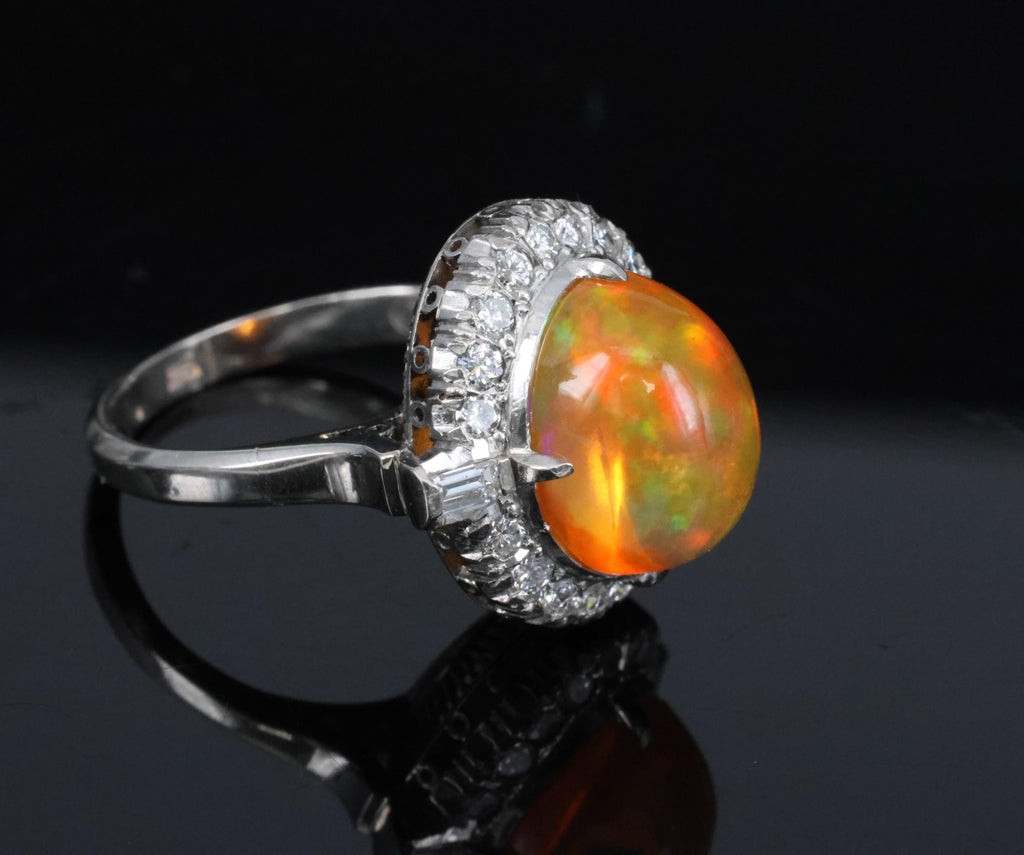 3.64 Natural Untreated Mexican Fire Opal & 0.60 Diamond Platinum Ring, Size 4.5