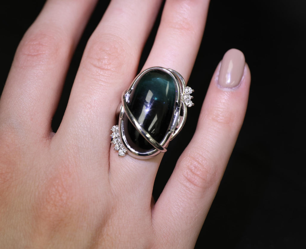 38.45ct Bi-Color Indicolite Tourmaline 0.28ct Diamond Platinum Ring Size 6.5