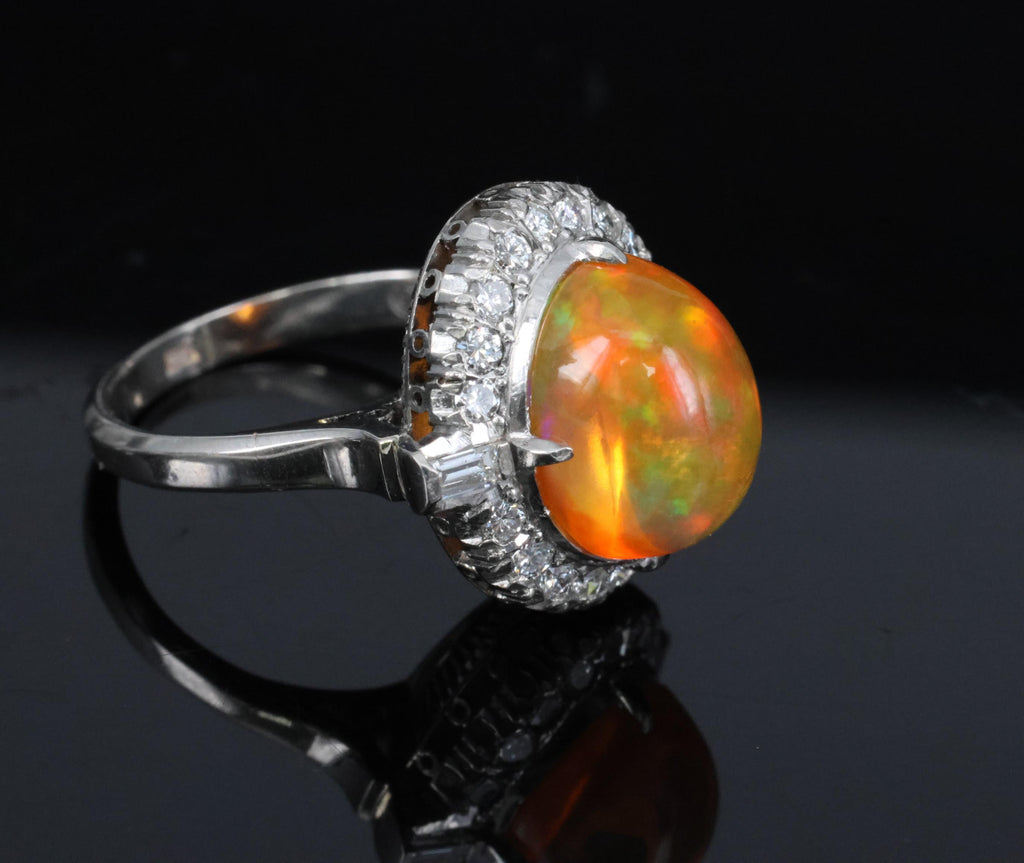 3.64 Natural Untreated Mexican Fire Opal & 0.60 Diamond Platinum Ring, Size 4.5