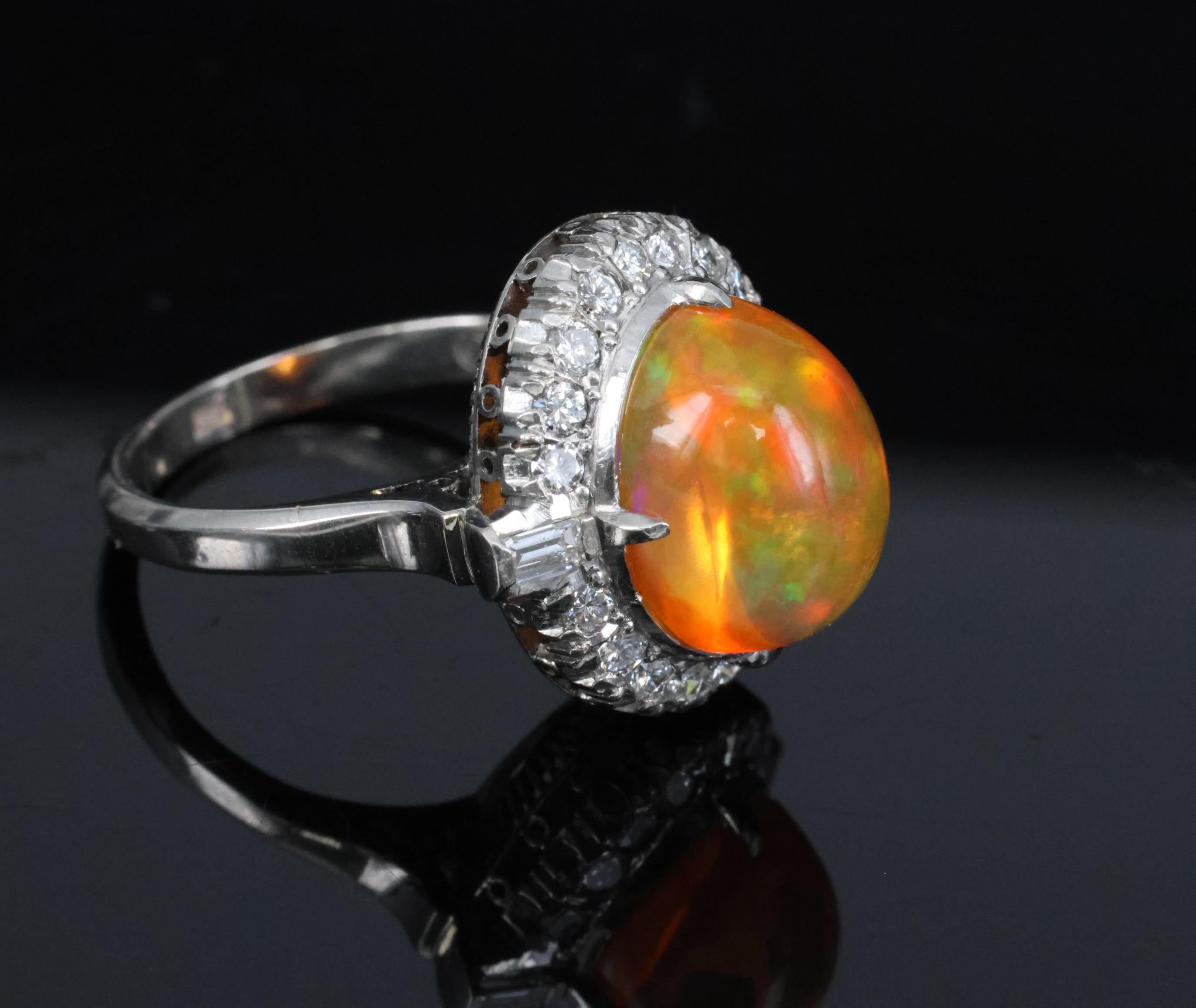 3.64 Natural Untreated Mexican Fire Opal & 0.60 Diamond Platinum Ring, Size 4.5