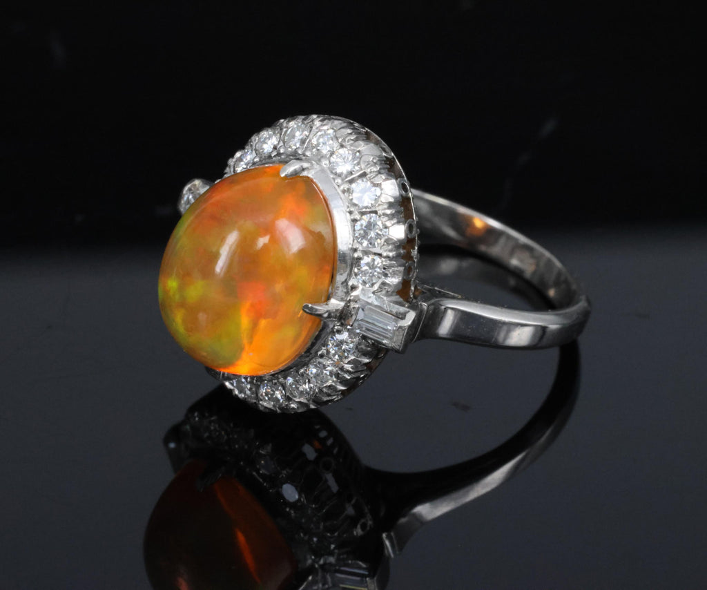 3.64 Natural Untreated Mexican Fire Opal & 0.60 Diamond Platinum Ring, Size 4.5