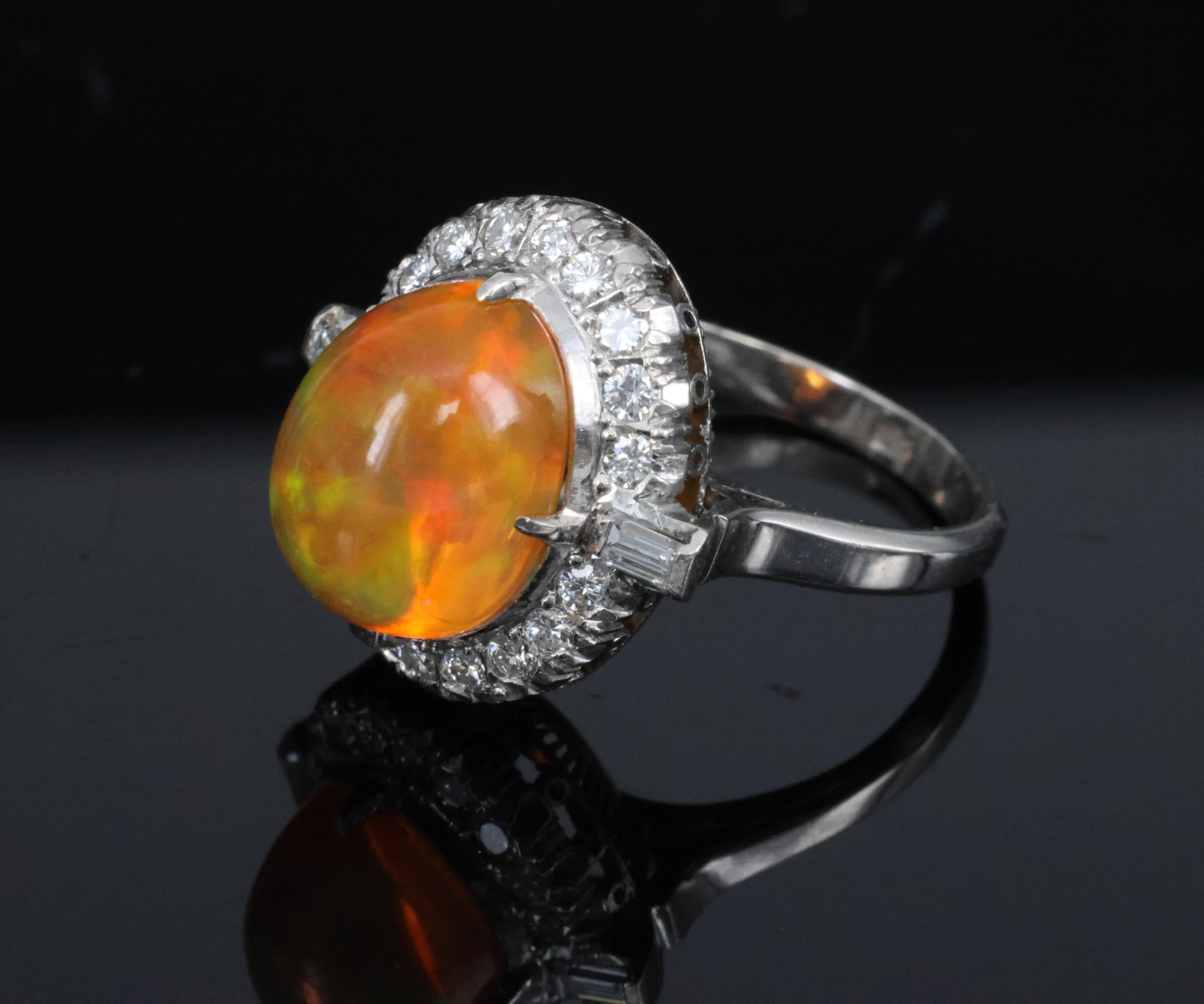 3.64 Natural Untreated Mexican Fire Opal & 0.60 Diamond Platinum Ring, Size 4.5