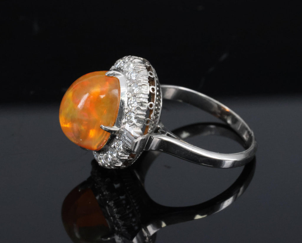 3.64 Natural Untreated Mexican Fire Opal & 0.60 Diamond Platinum Ring, Size 4.5