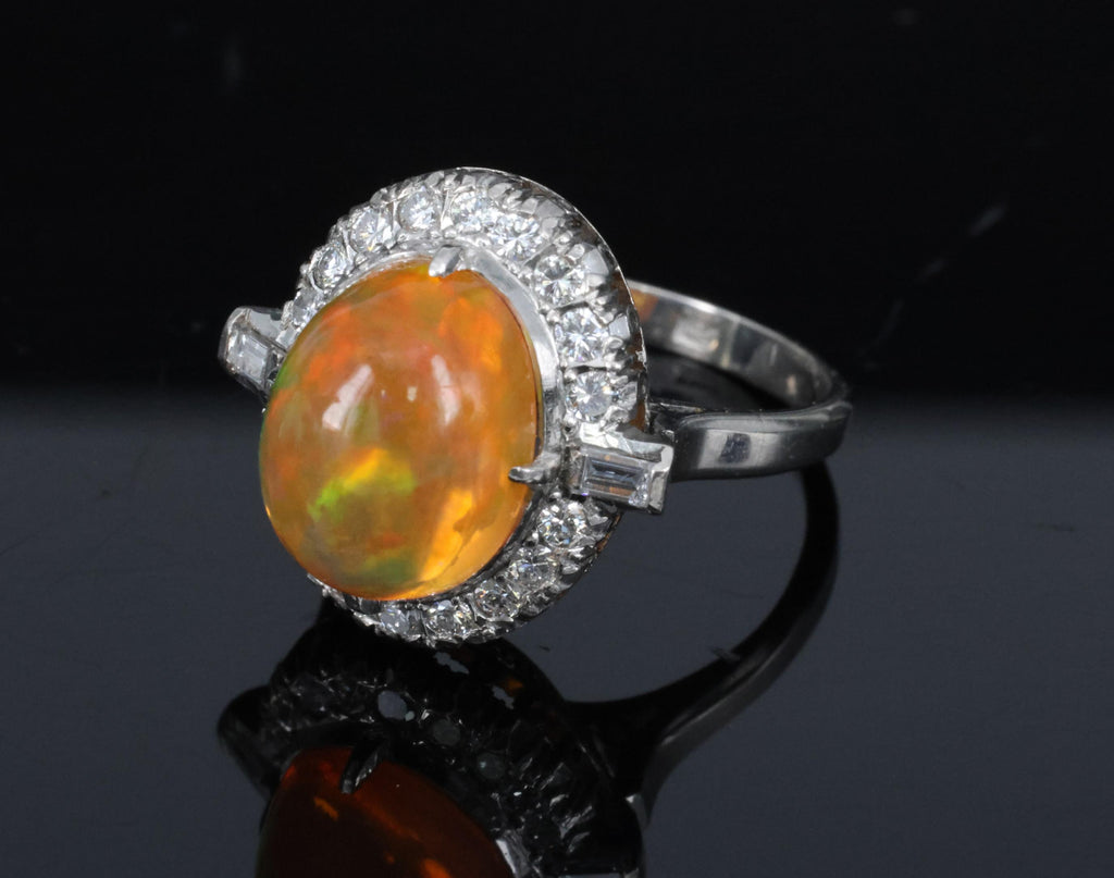 3.64 Natural Untreated Mexican Fire Opal & 0.60 Diamond Platinum Ring, Size 4.5