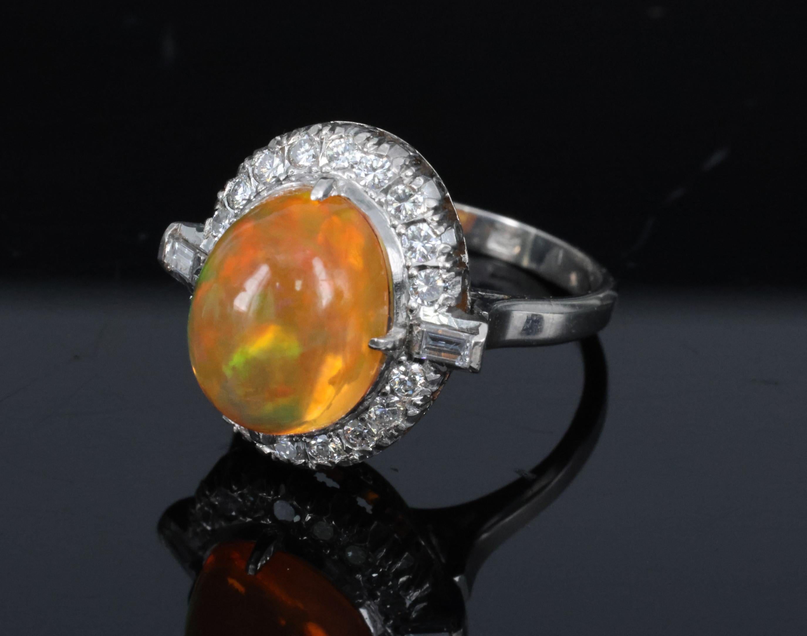 3.64 Natural Untreated Mexican Fire Opal & 0.60 Diamond Platinum Ring, Size 4.5