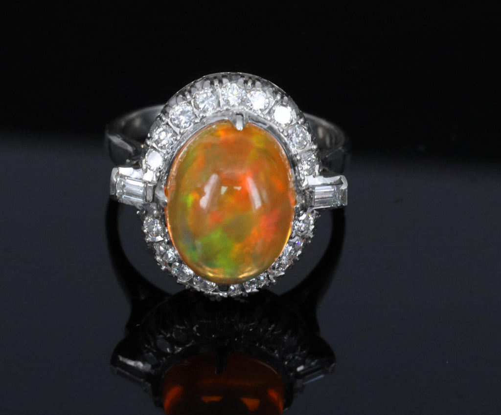 3.64 Natural Untreated Mexican Fire Opal & 0.60 Diamond Platinum Ring, Size 4.5