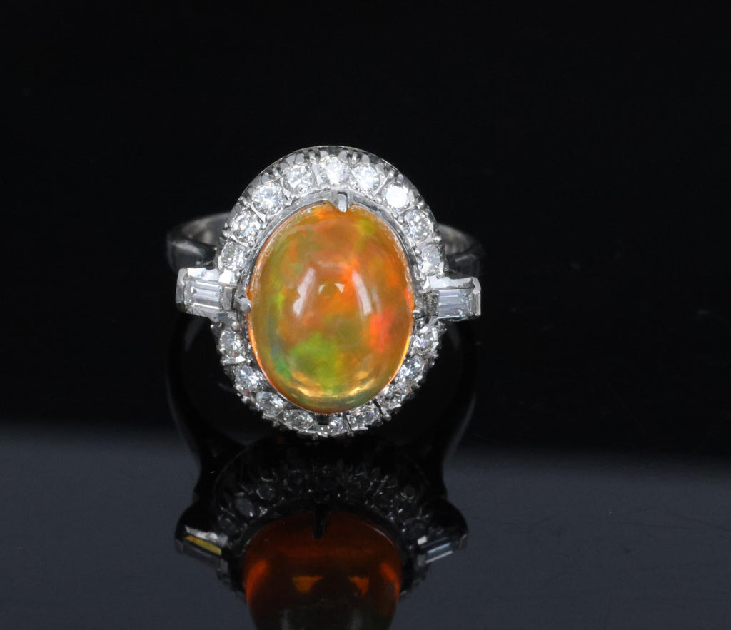 3.64 Natural Untreated Mexican Fire Opal & 0.60 Diamond Platinum Ring, Size 4.5