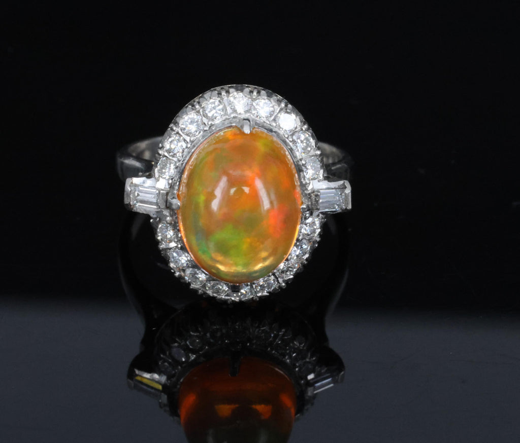 3.64 Natural Untreated Mexican Fire Opal & 0.60 Diamond Platinum Ring, Size 4.5