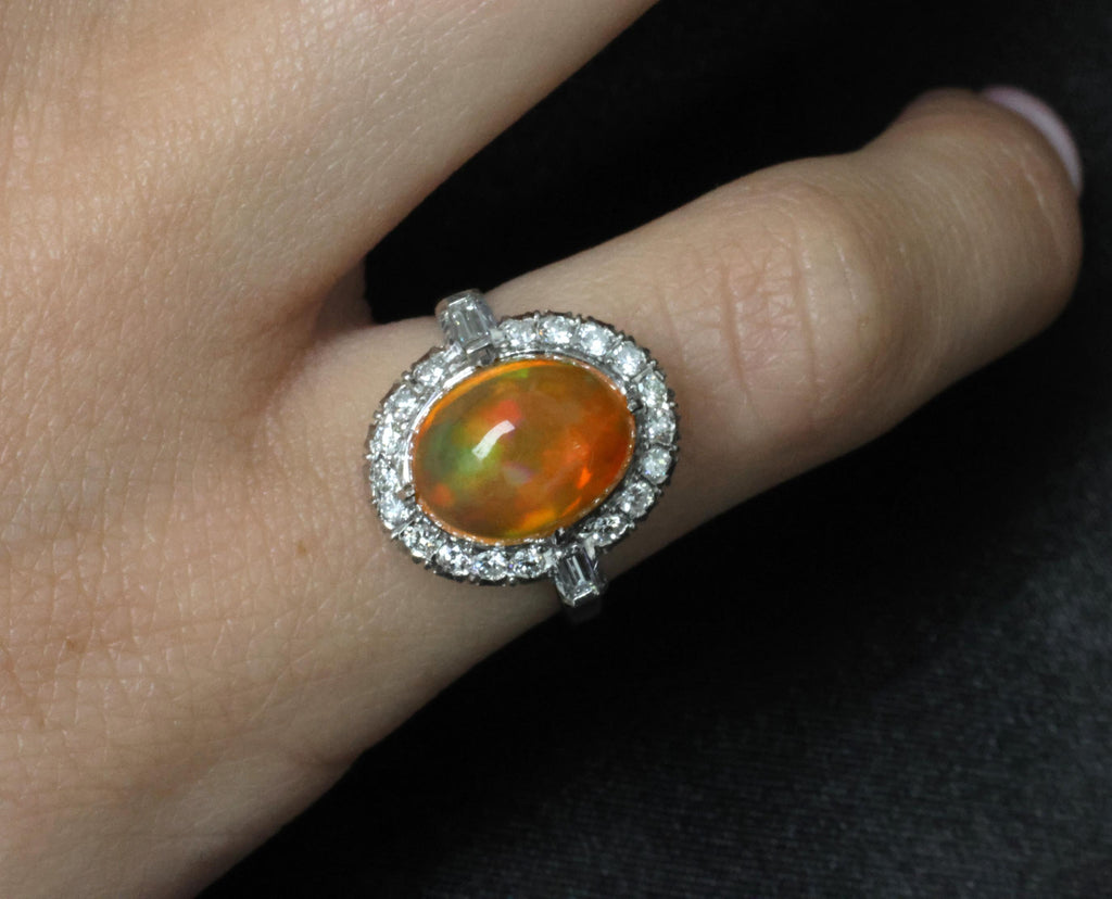 3.64 Natural Untreated Mexican Fire Opal & 0.60 Diamond Platinum Ring, Size 4.5