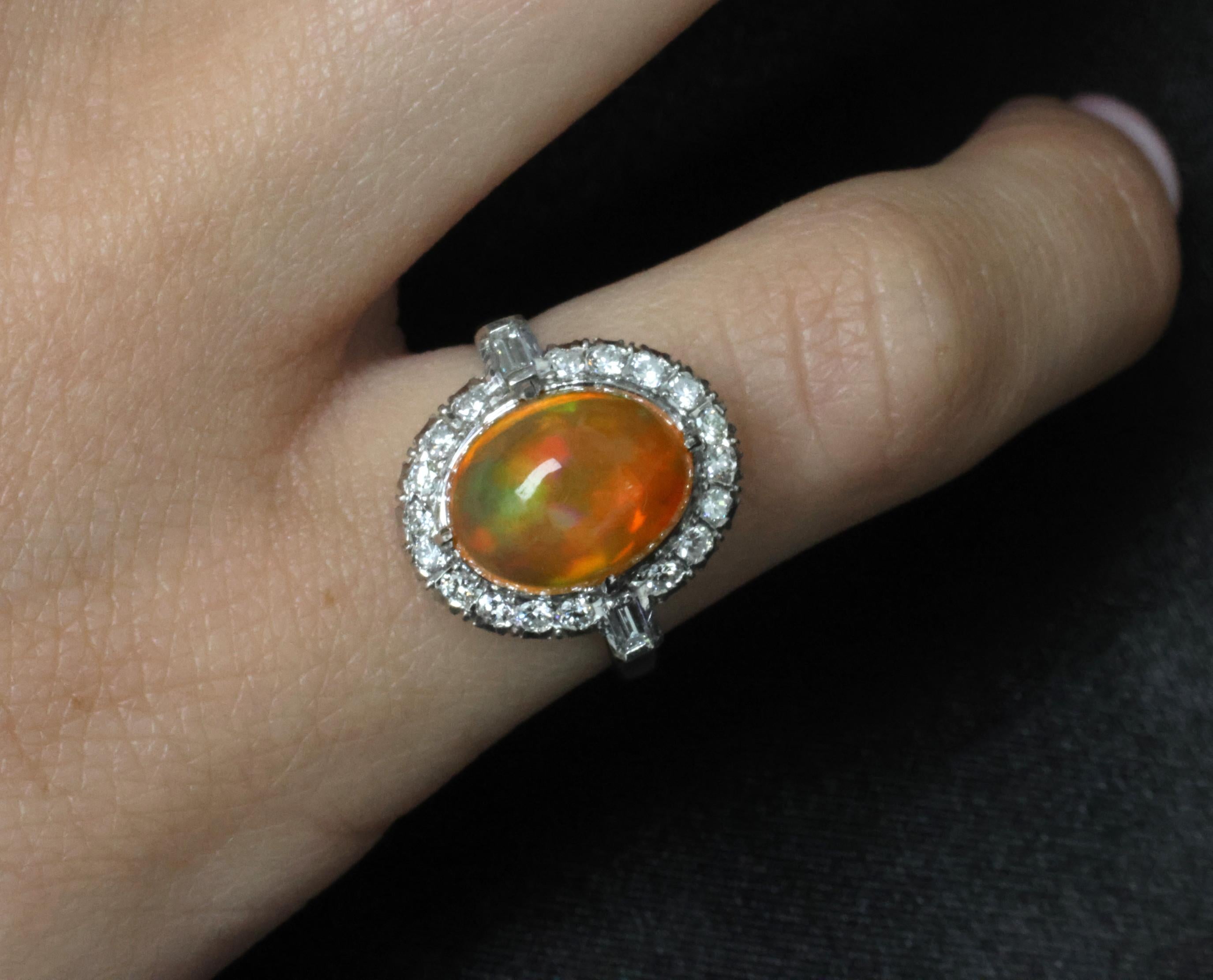 3.64 Natural Untreated Mexican Fire Opal & 0.60 Diamond Platinum Ring, Size 4.5