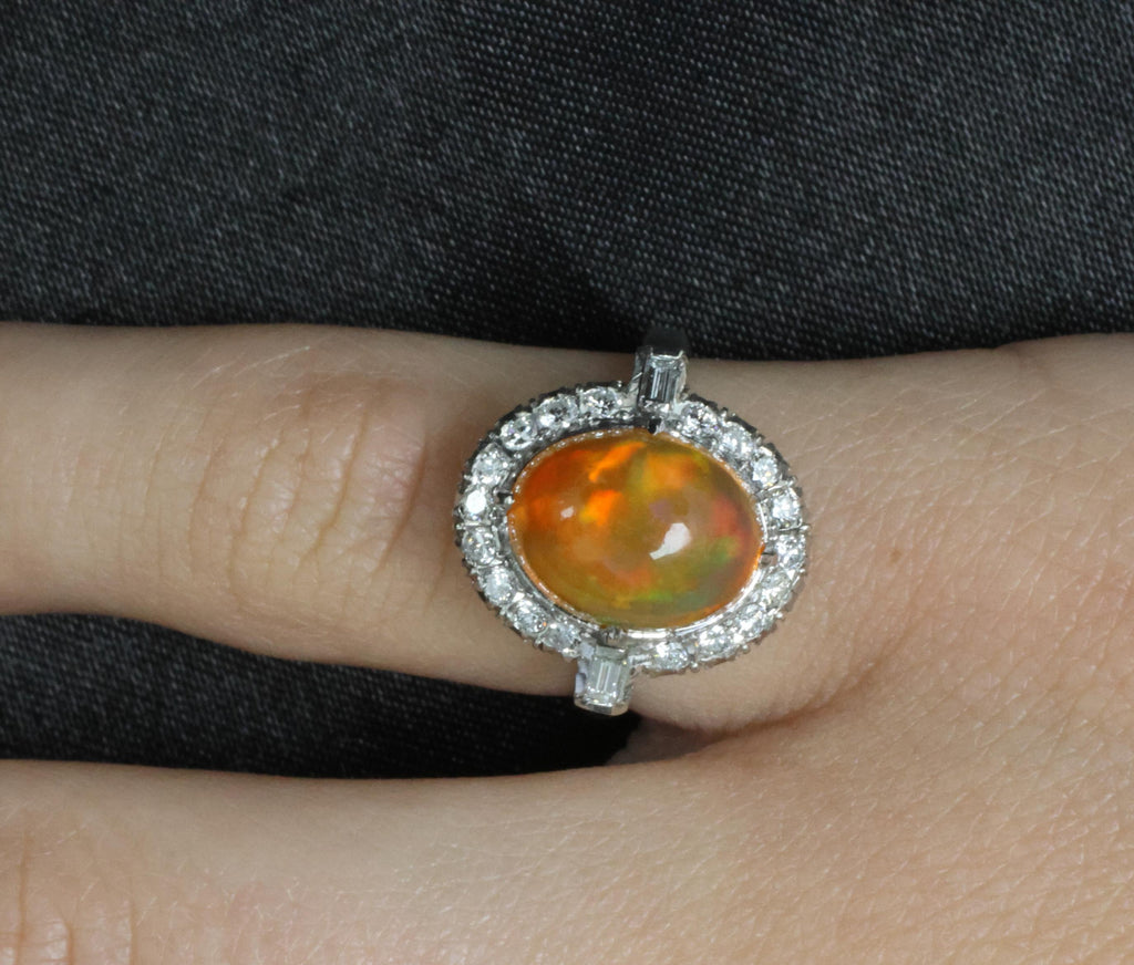 3.64 Natural Untreated Mexican Fire Opal & 0.60 Diamond Platinum Ring, Size 4.5