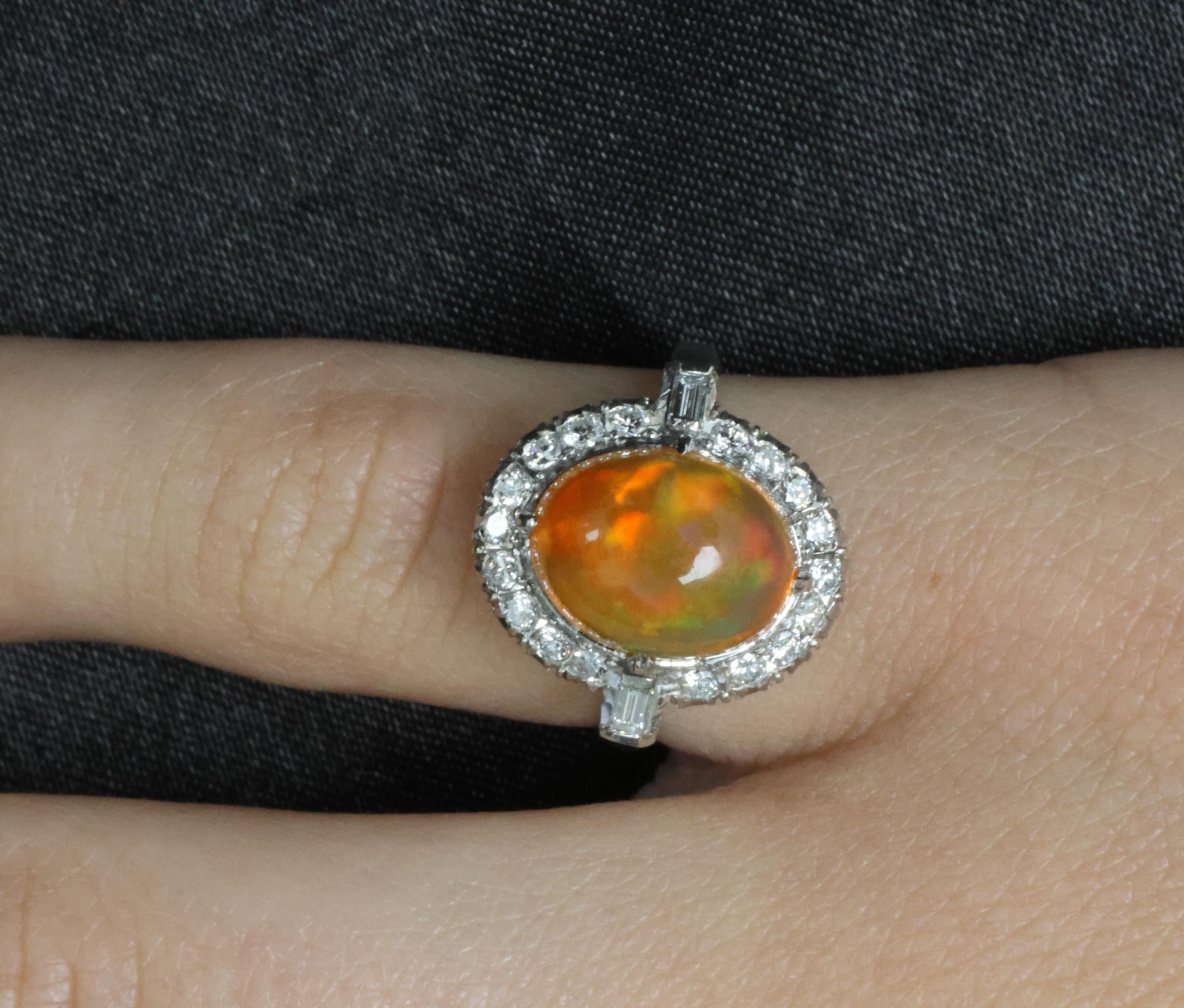 3.64 Natural Untreated Mexican Fire Opal & 0.60 Diamond Platinum Ring, Size 4.5