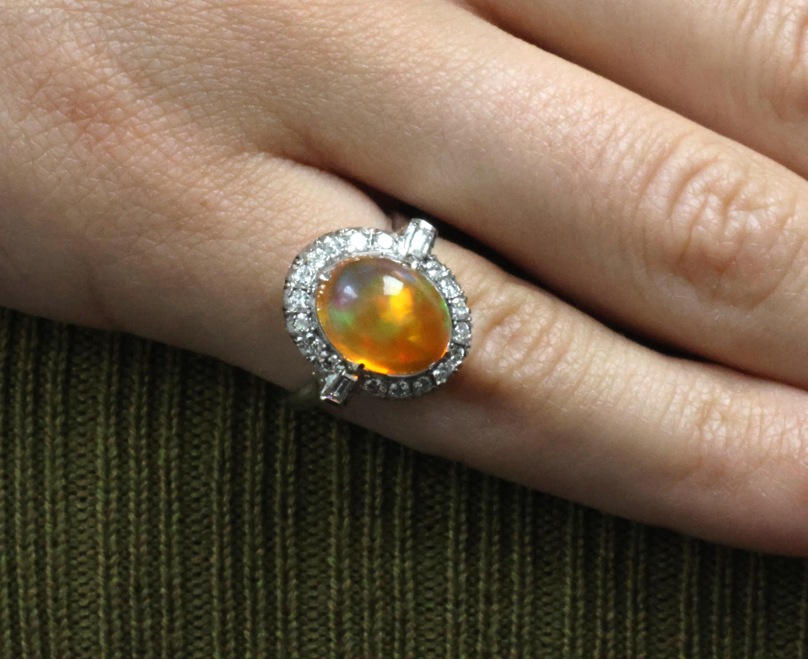 3.64 Natural Untreated Mexican Fire Opal & 0.60 Diamond Platinum Ring, Size 4.5