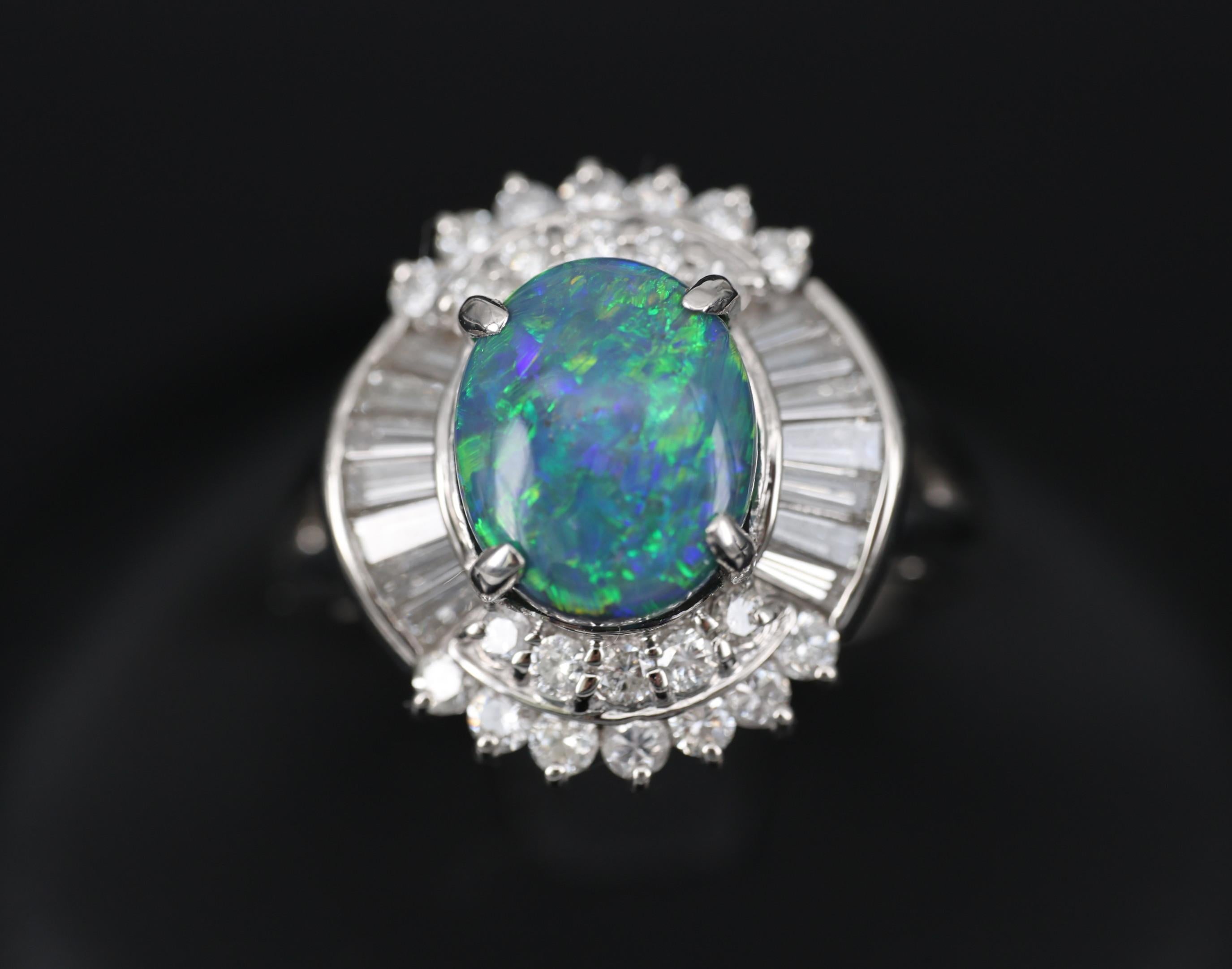 Fine 2.09ct Natural Black Opal & 1.06ct Diamond Platinum Ring Size 6