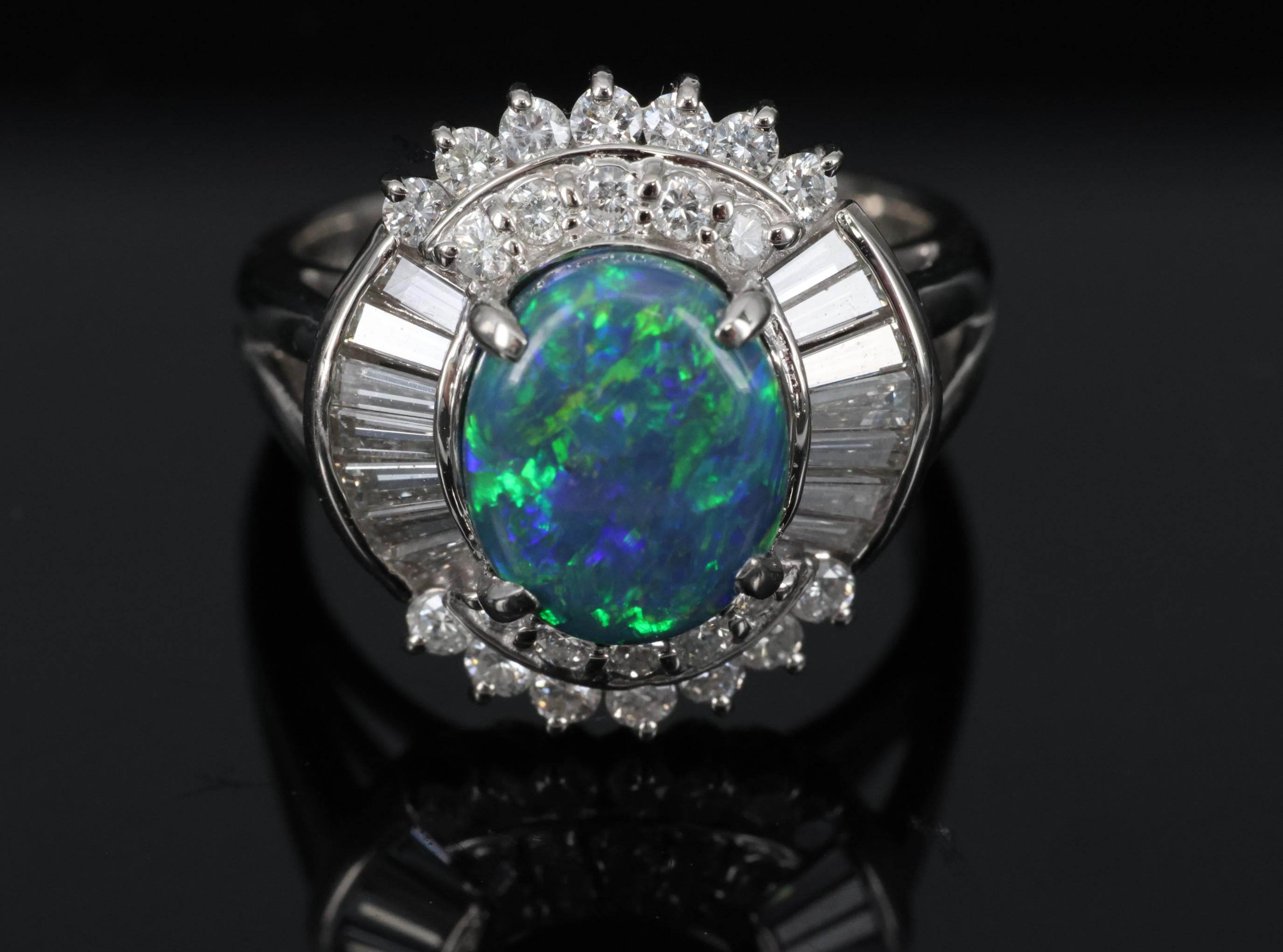 Fine 2.09ct Natural Black Opal & 1.06ct Diamond Platinum Ring Size 6