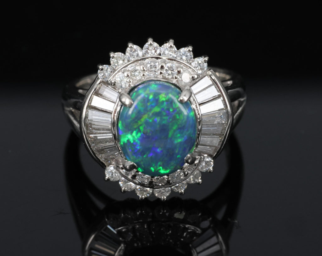 Fine 2.09ct Natural Black Opal & 1.06ct Diamond Platinum Ring Size 6