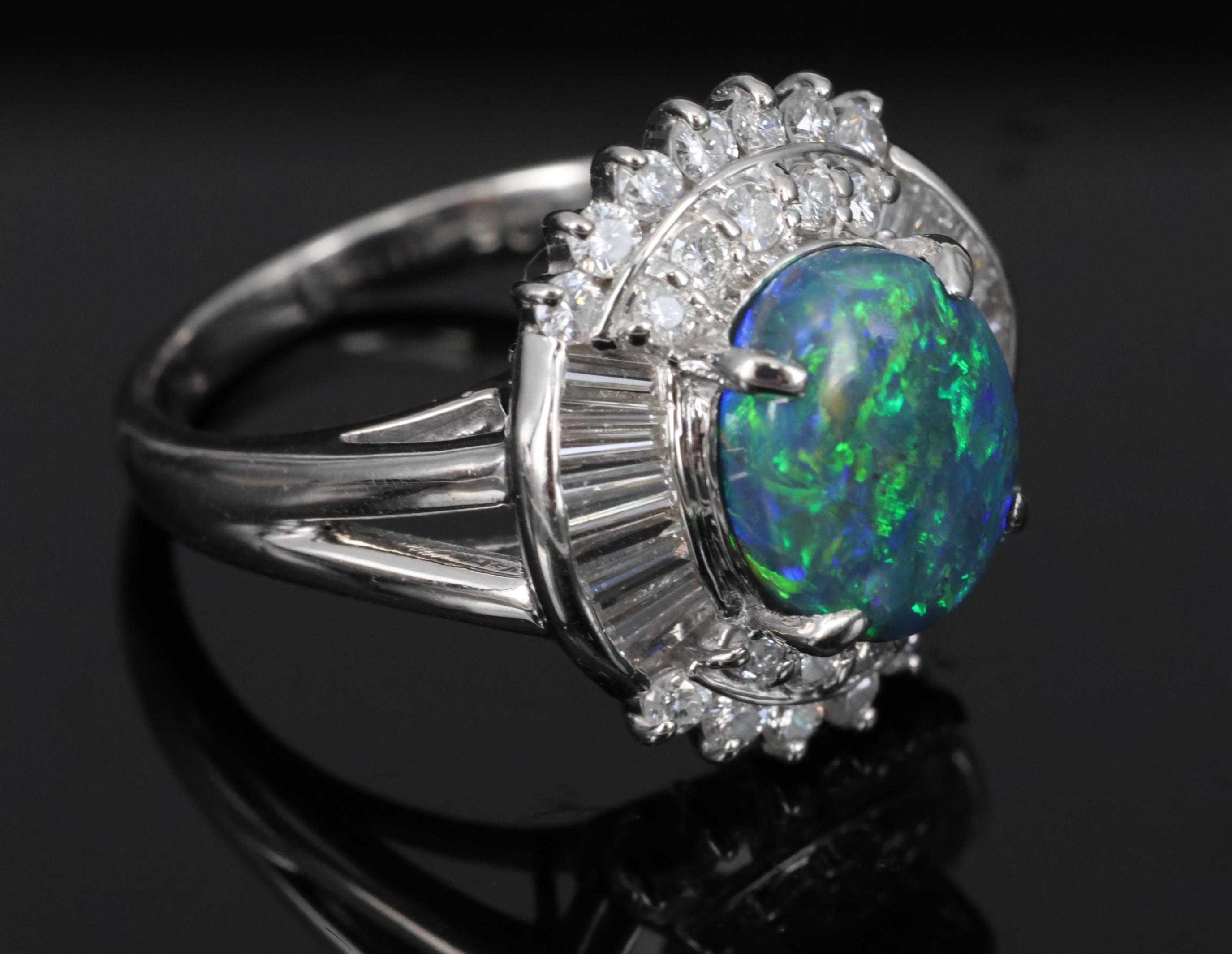Fine 2.09ct Natural Black Opal & 1.06ct Diamond Platinum Ring Size 6