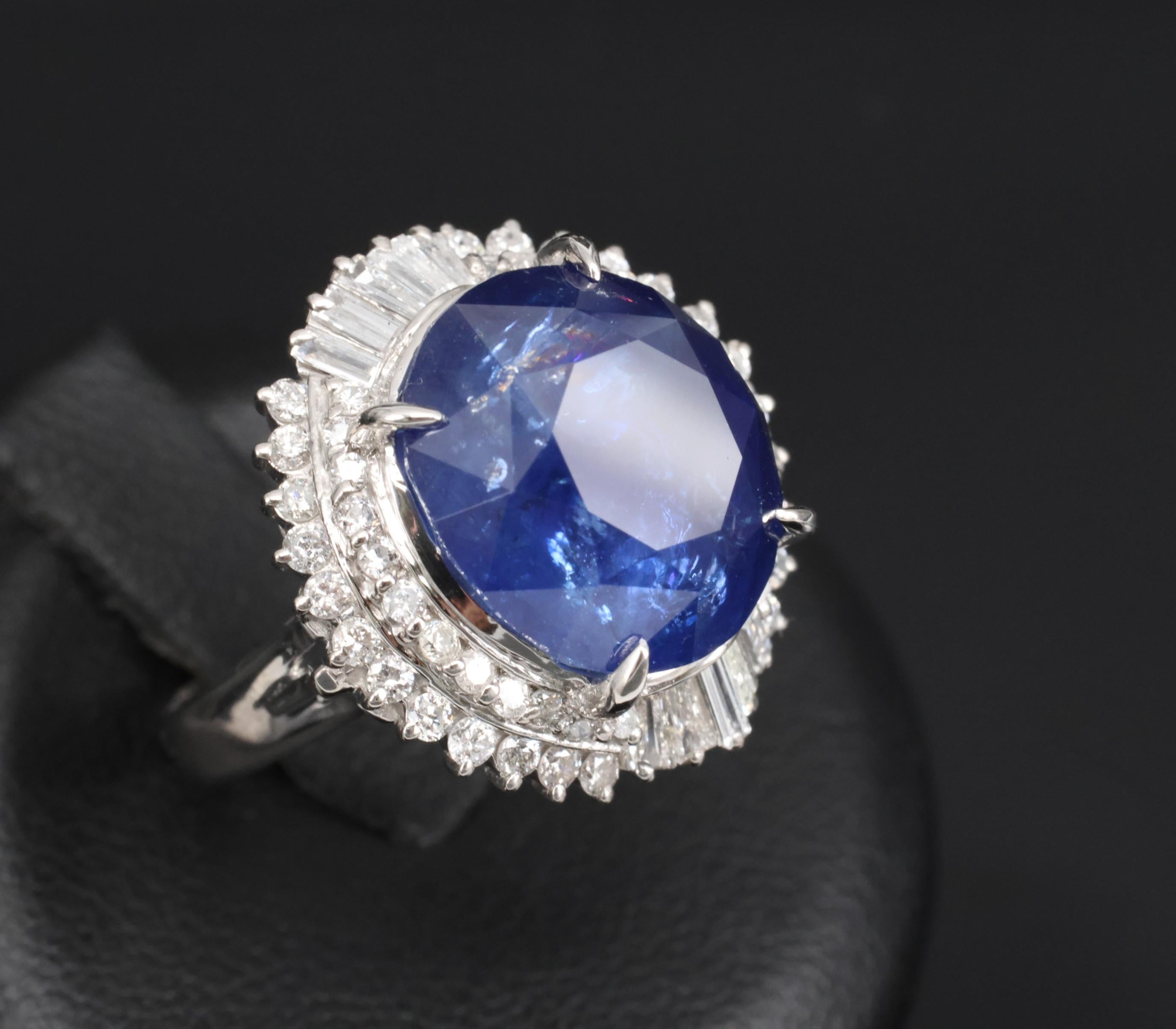 RARE! 13.80ct GIA Ceylon Blue Sapphire & 0.82ct Diamond Platinum Ring, Size 4.5