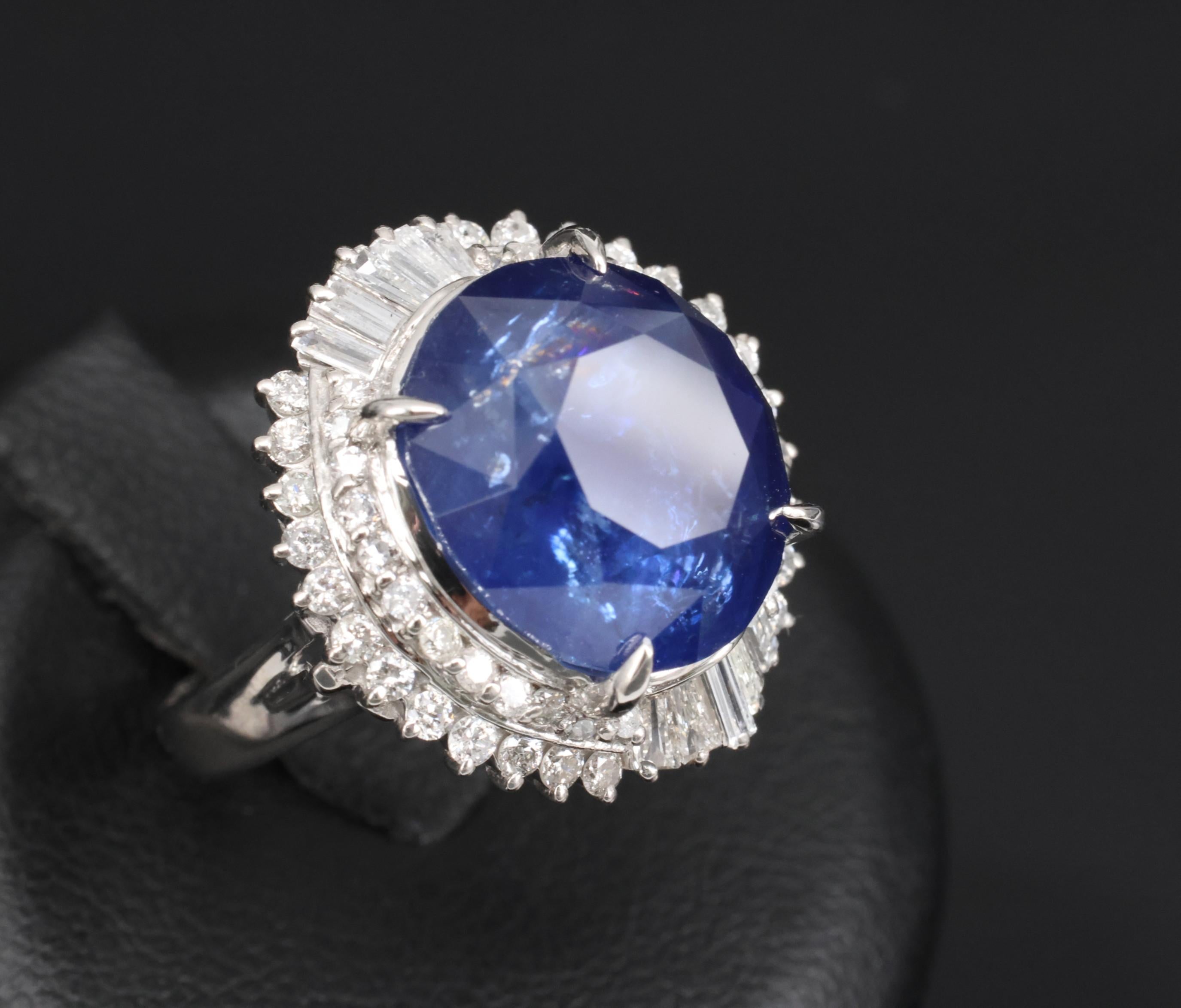 RARE! 13.80ct GIA Ceylon Blue Sapphire & 0.82ct Diamond Platinum Ring, Size 4.5