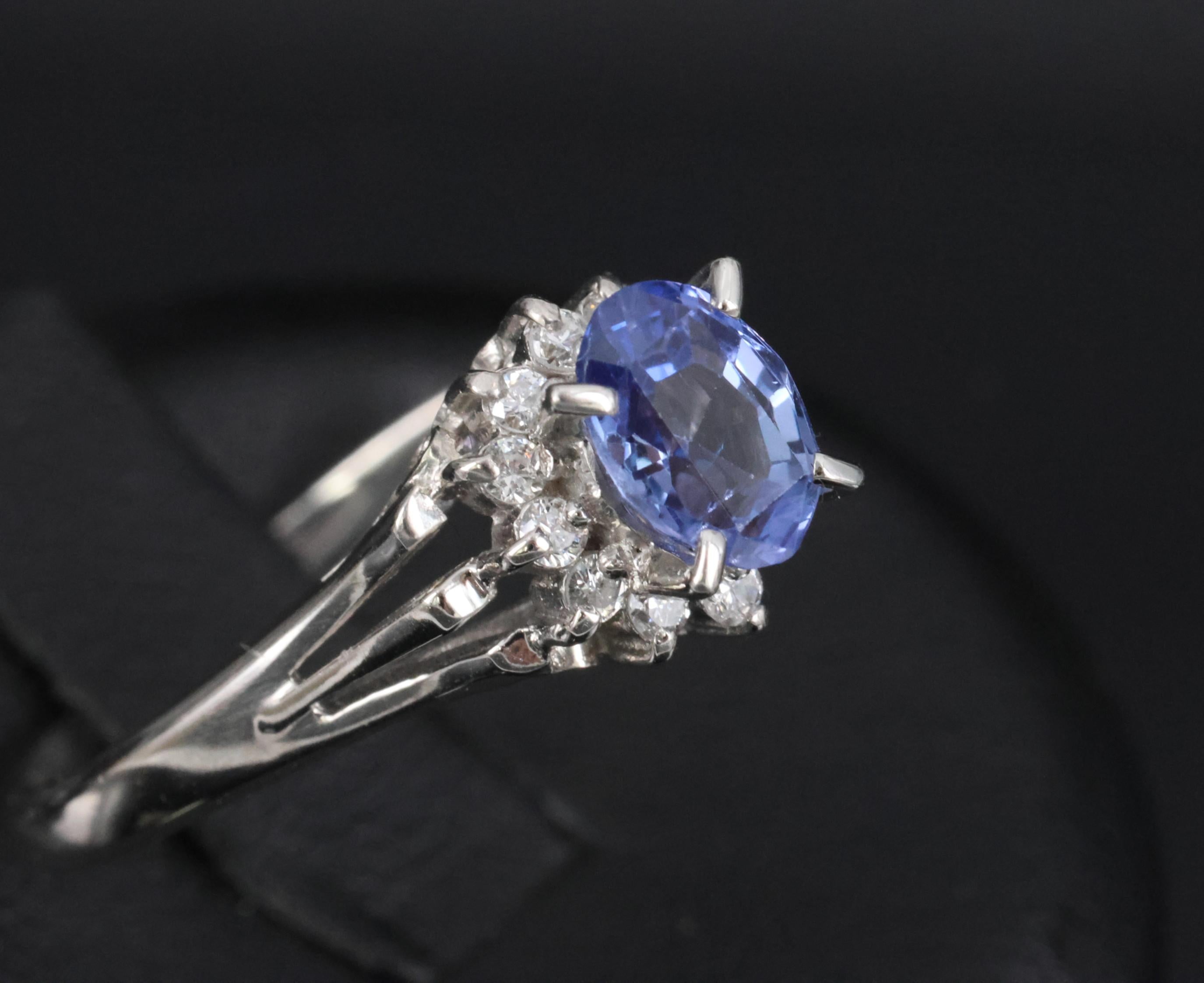 0.97ct Natural Violet Blue Sapphire & 0.17ct Diamond Platinum Ring Size 8.25