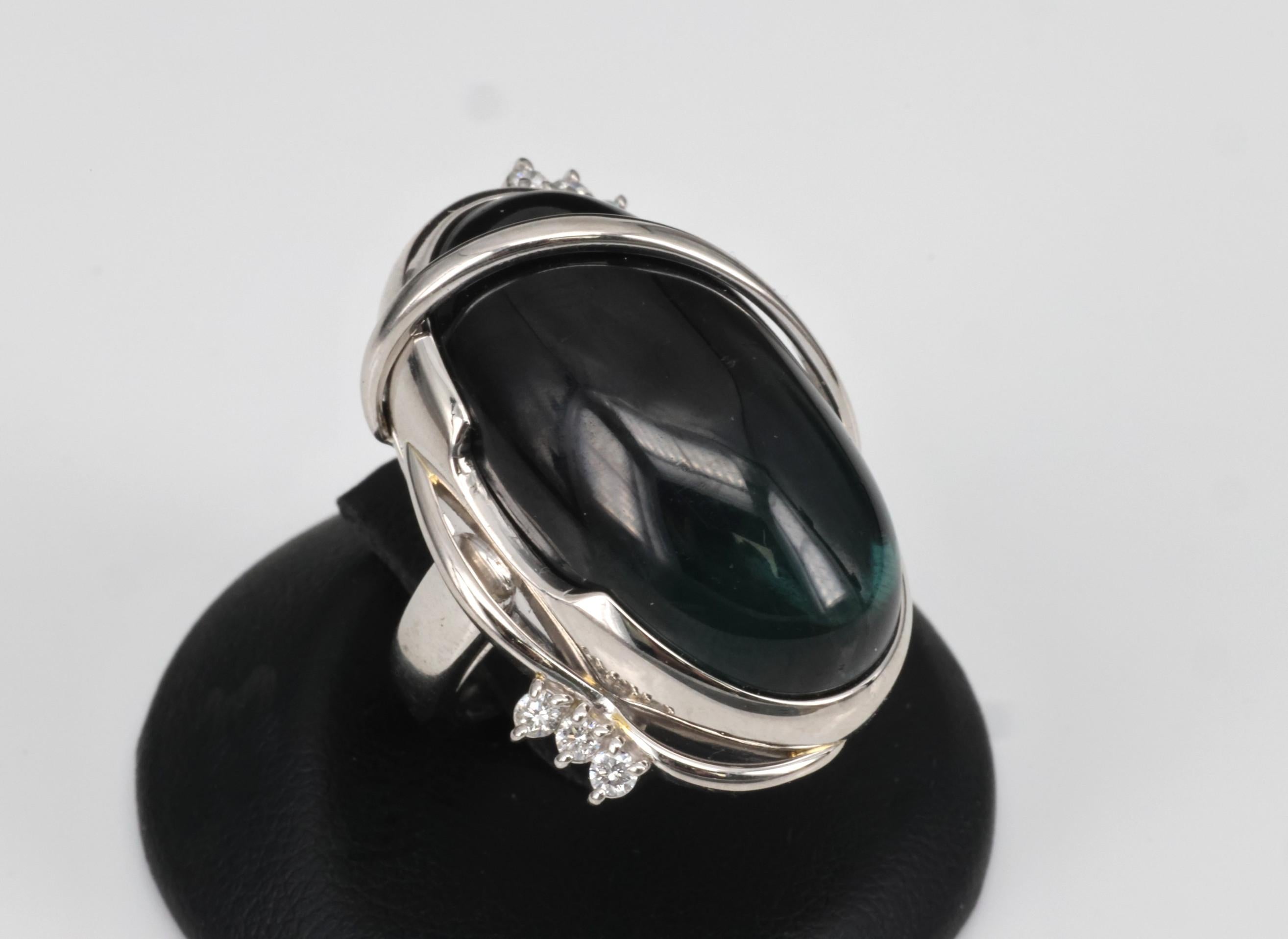 38.45ct Bi-Color Indicolite Tourmaline 0.28ct Diamond Platinum Ring Size 6.5