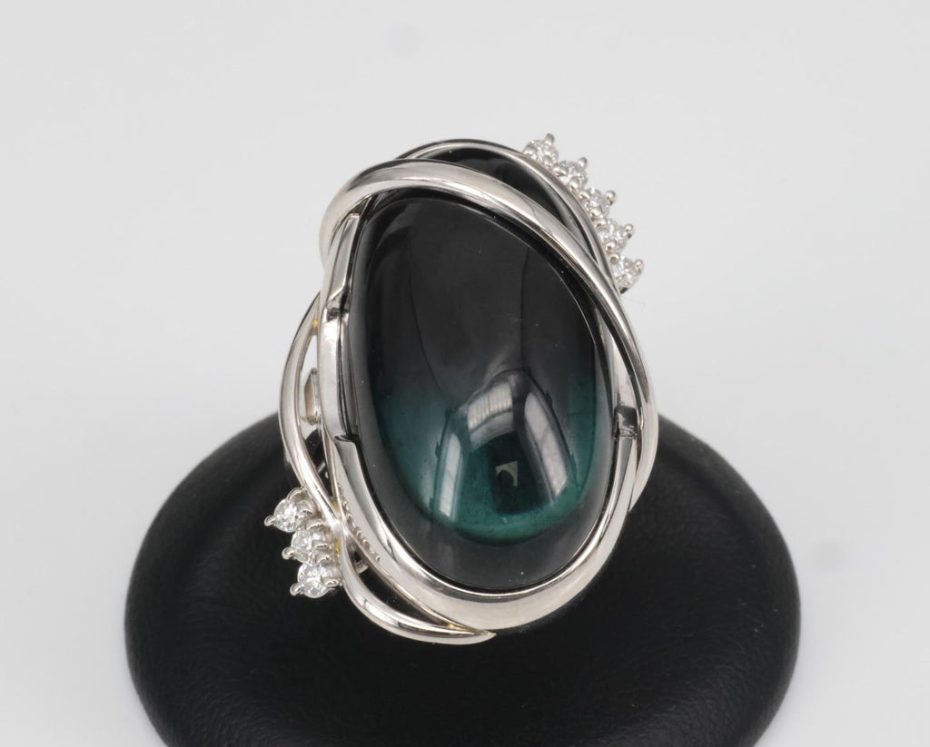 38.45ct Bi-Color Indicolite Tourmaline 0.28ct Diamond Platinum Ring Size 6.5