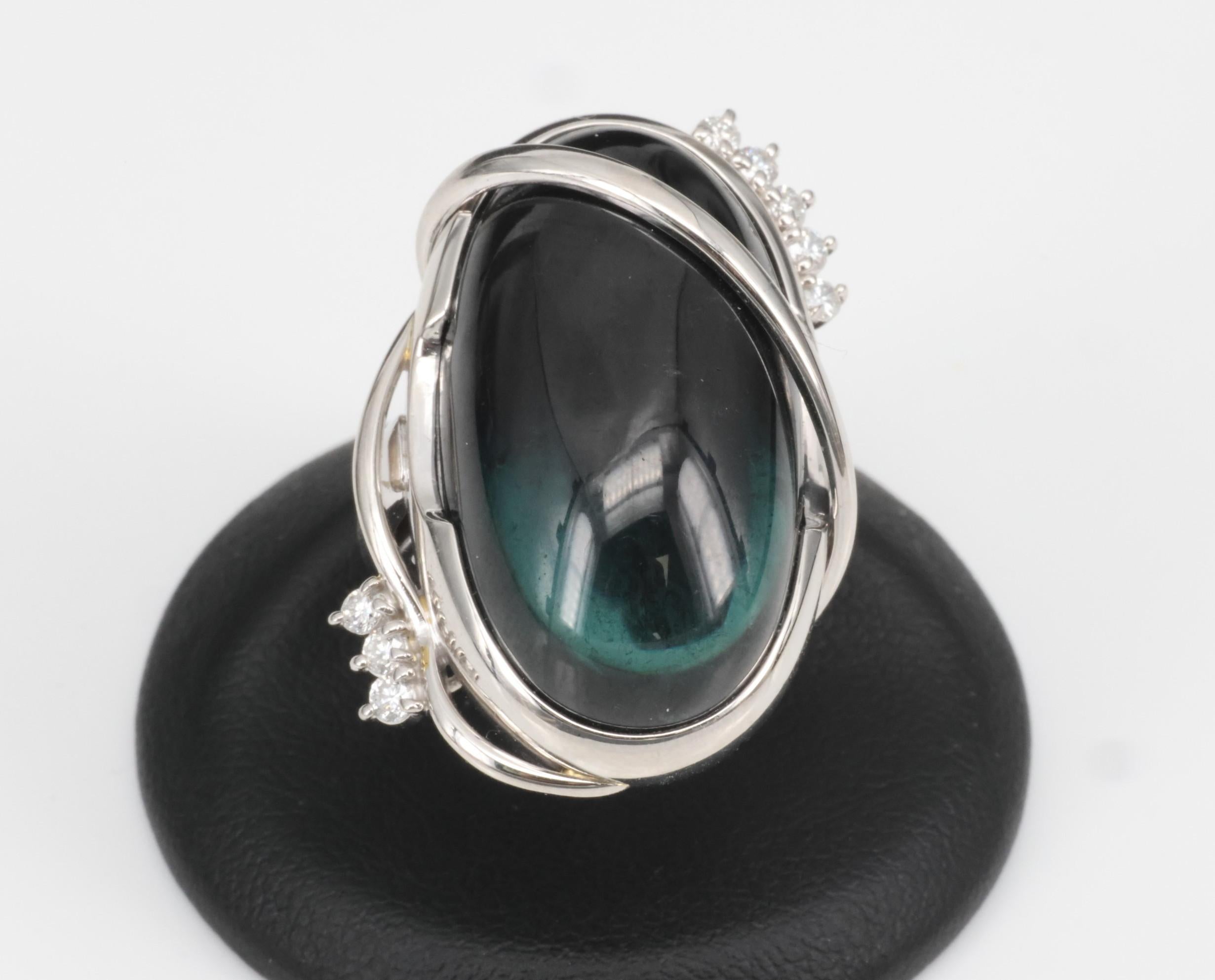 38.45ct Bi-Color Indicolite Tourmaline 0.28ct Diamond Platinum Ring Size 6.5