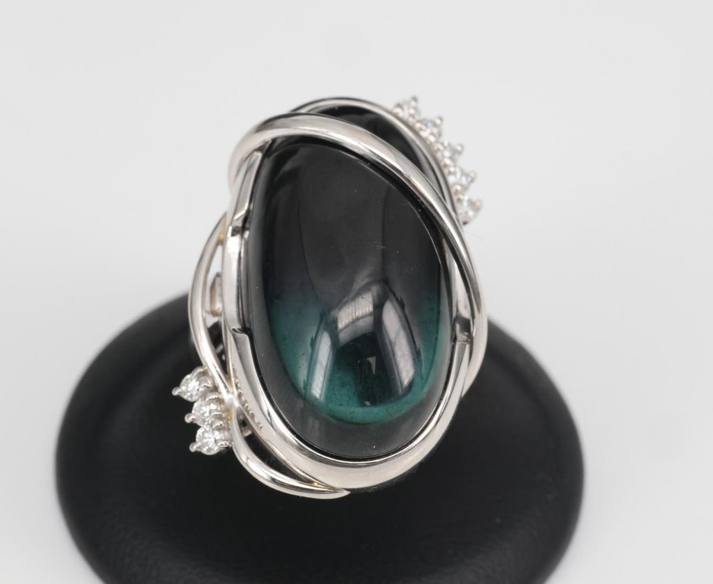 38.45ct Bi-Color Indicolite Tourmaline 0.28ct Diamond Platinum Ring Size 6.5